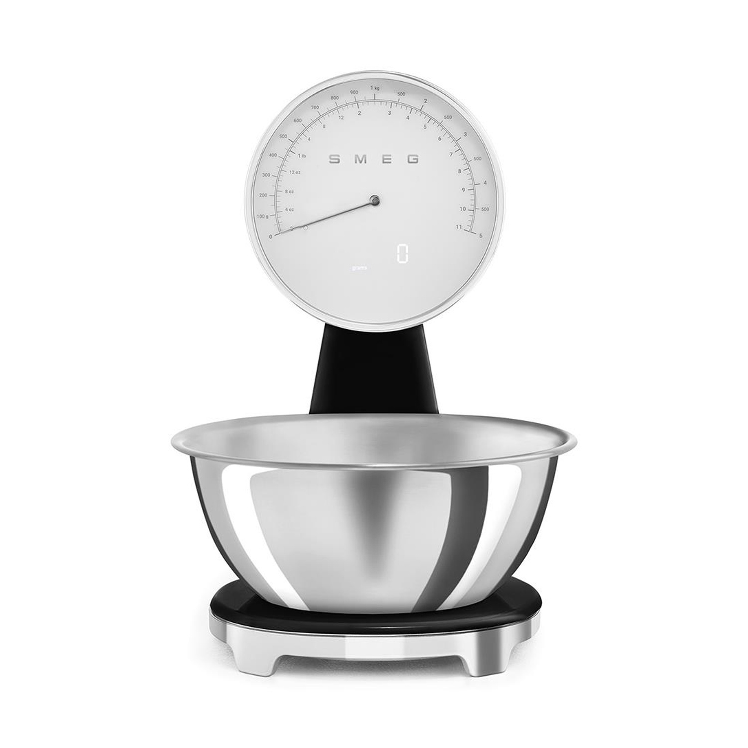 Una bilancia da cucina nera con ciotola in acciaio inox e quadrante bianco.