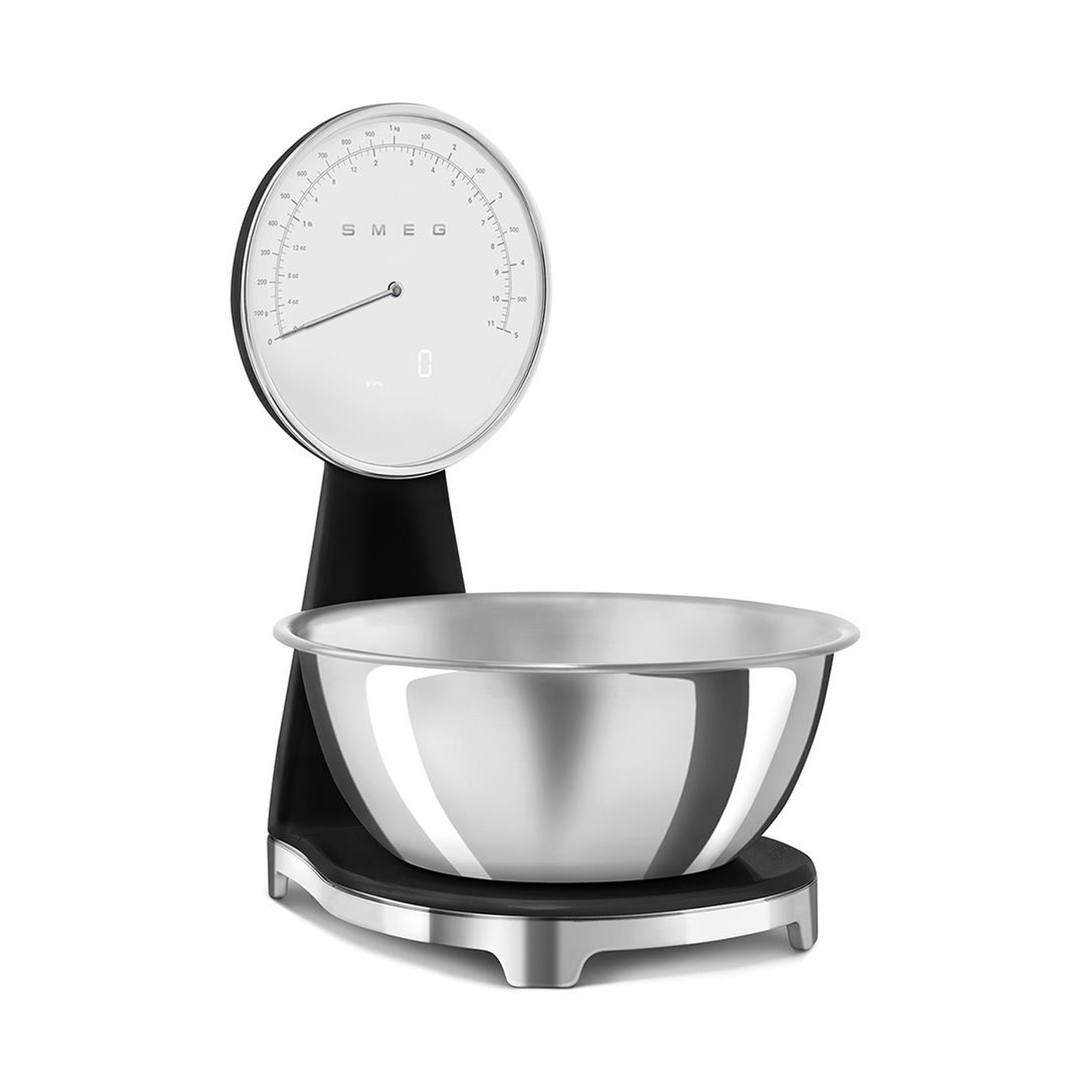 Una bilancia da cucina nera con ciotola in acciaio inox e display analogico.