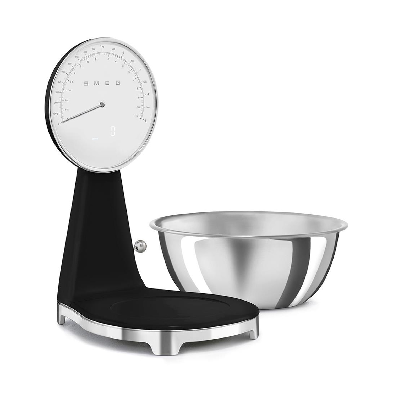 Una bilancia da cucina nera con ciotola in acciaio inossidabile argentata e quadrante SMEG.