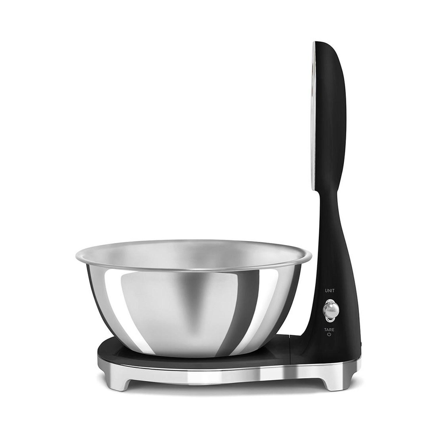 Una bilancia da cucina digitale con ciotola in acciaio inossidabile e corpo nero.