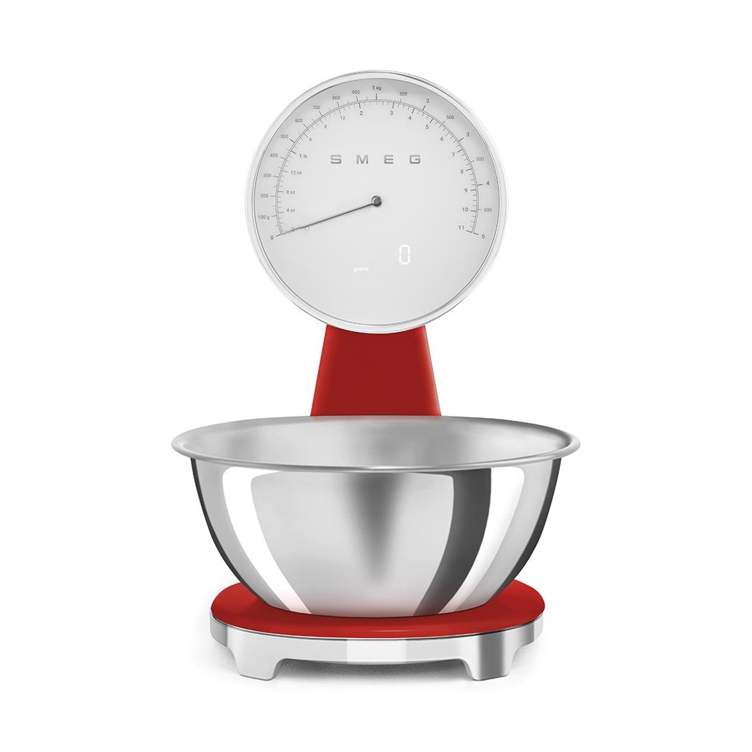 Una bilancia da cucina rossa con ciotola in acciaio inox.