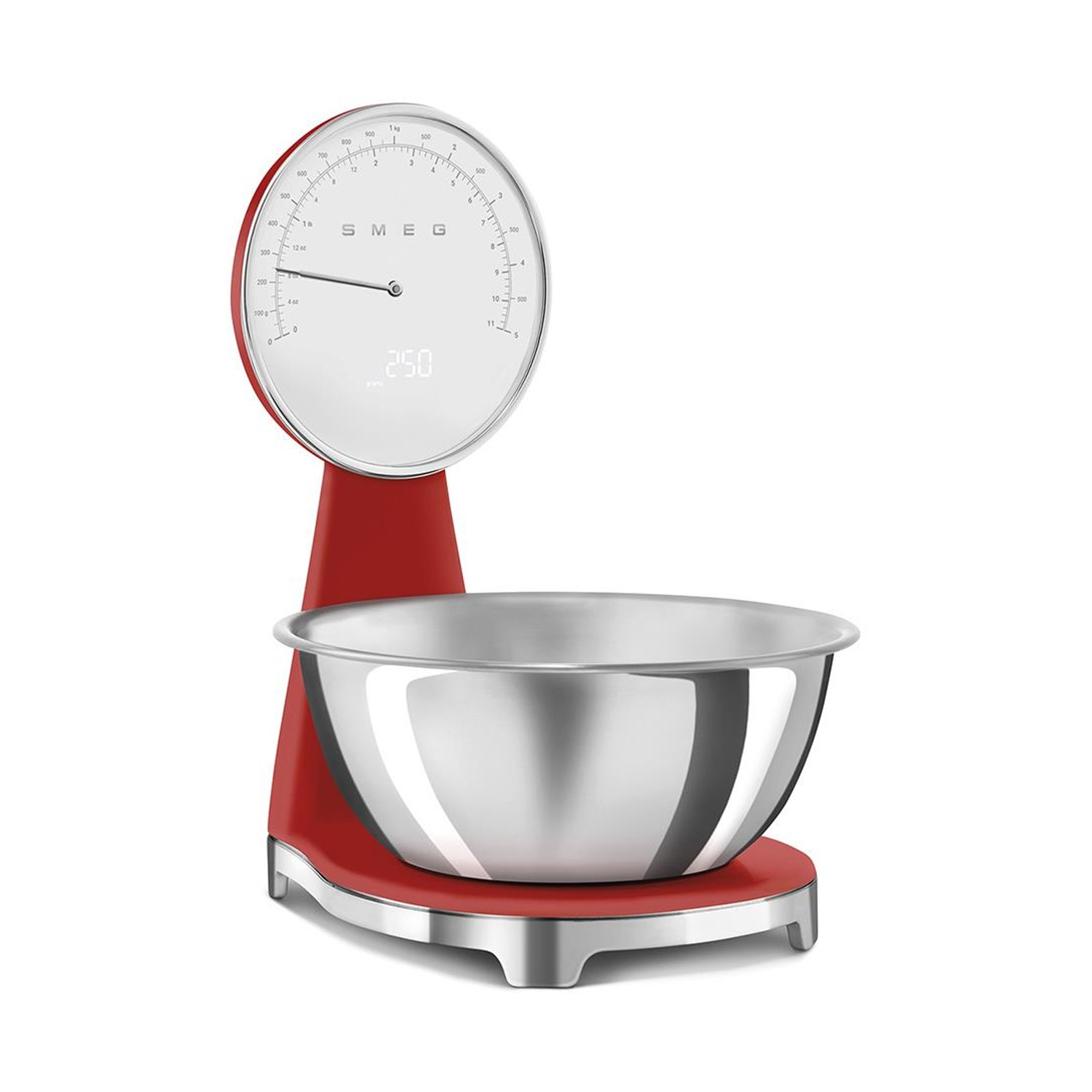 Una bilancia da cucina rossa con ciotola in acciaio inox e quadrante.