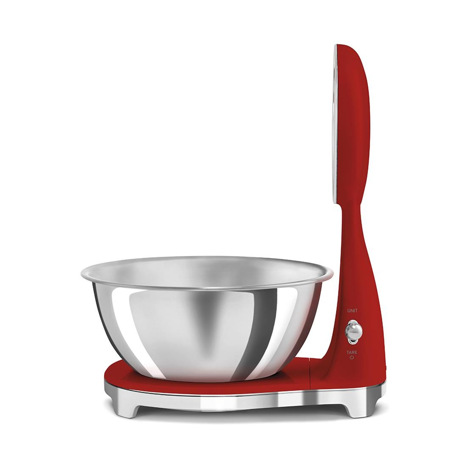 Una bilancia da cucina rossa con ciotola in acciaio inossidabile e display digitale.
