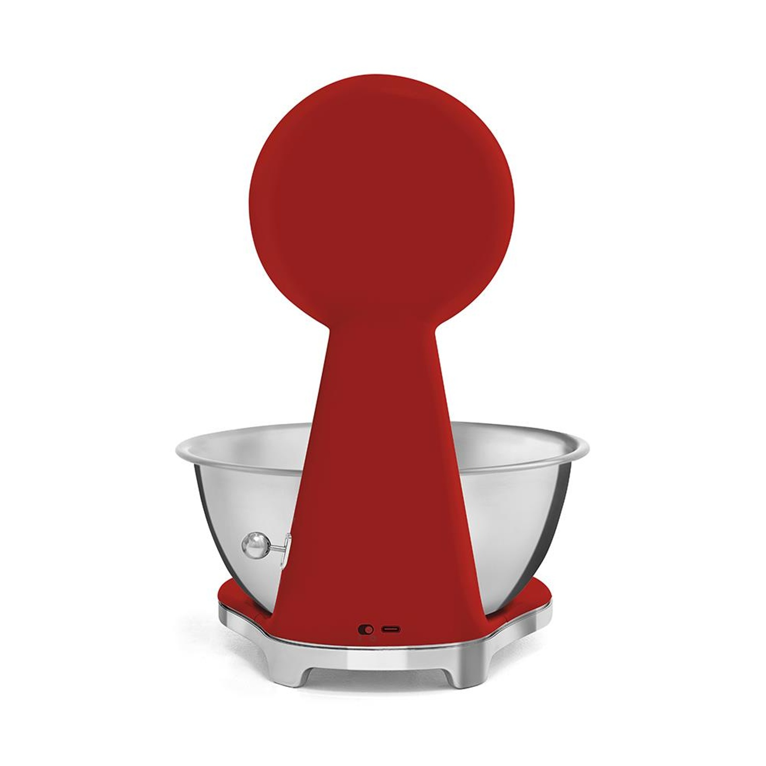 Un robot da cucina rosso con ciotola in acciaio inox su sfondo bianco.