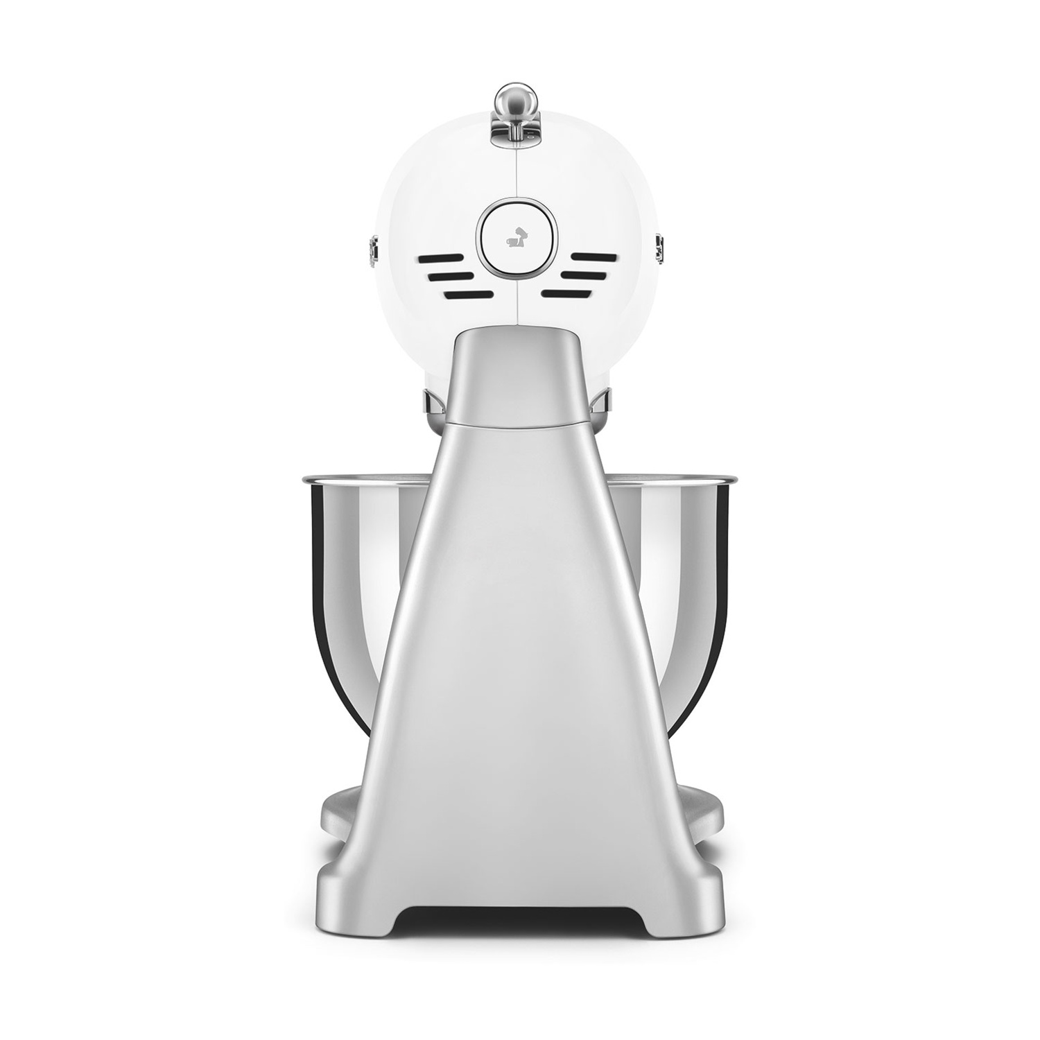 Un robot da cucina bianco con base e ciotola argentate, visto frontalmente.