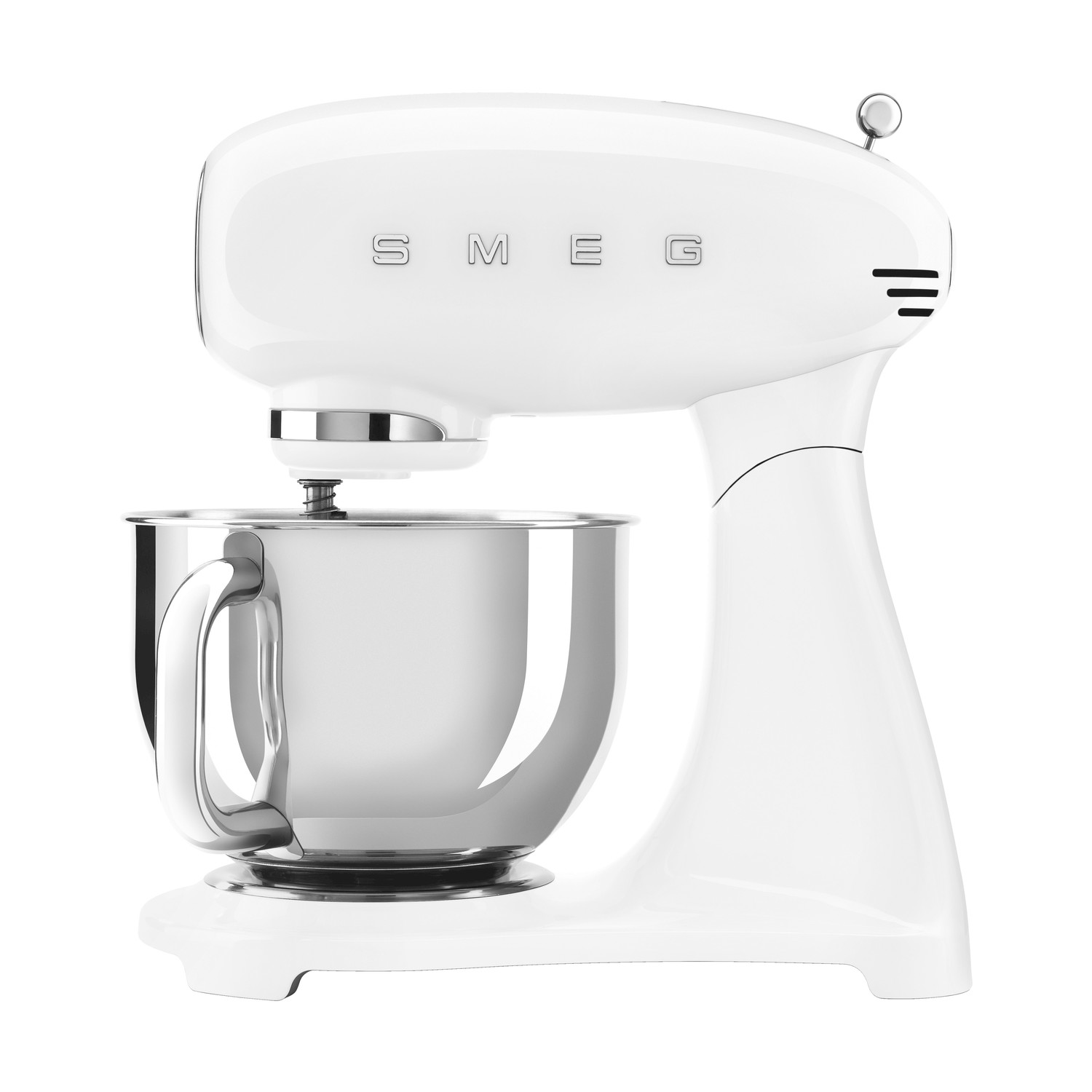 Una planetaria SMEG bianca con ciotola in acciaio inox lucido e manico argentato.