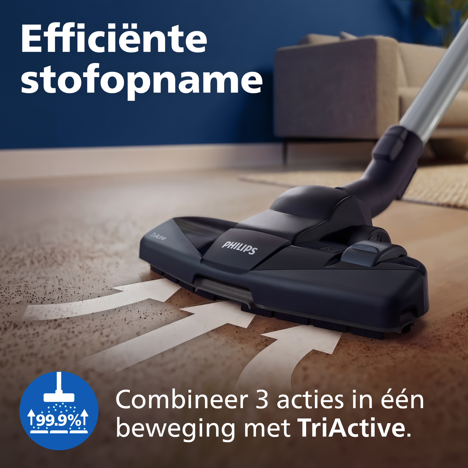 Een Philips stofzuigerkop zuigt efficiënt stof op met TriActive technologie.
