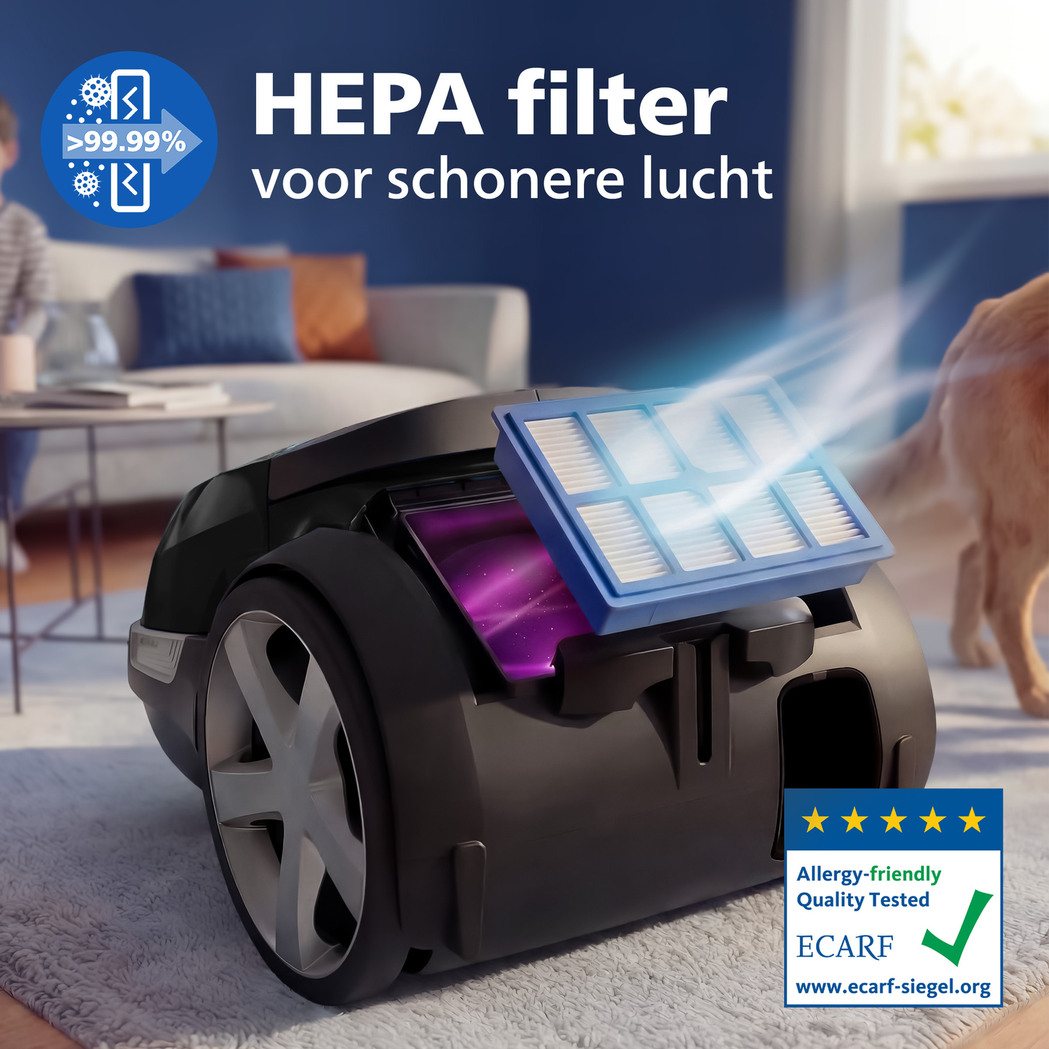 Een stofzuiger toont een HEPA-filter dat meer dan 99,99% van de lucht zuivert.