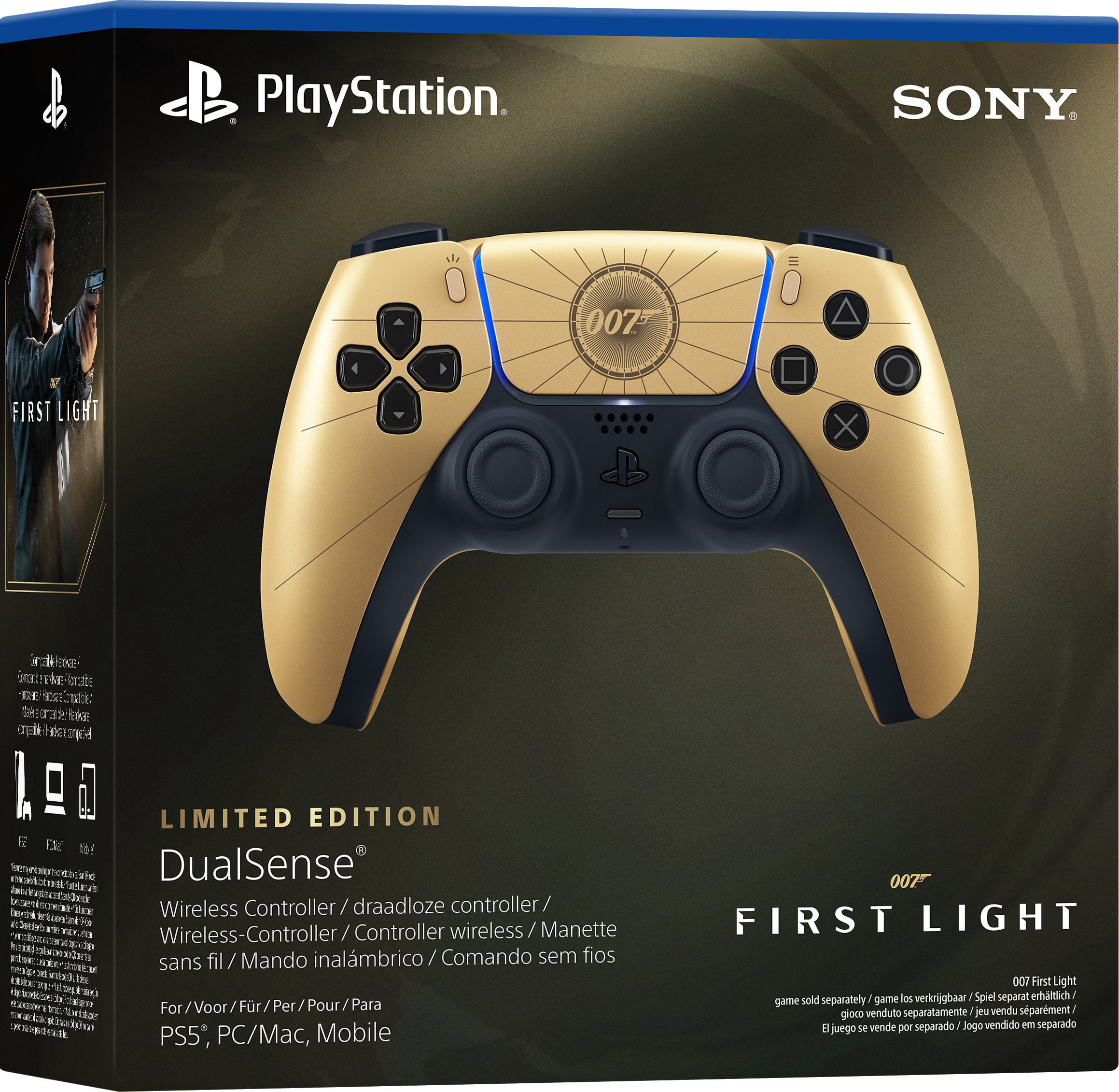 Confezione dorata controller PlayStation DualSense con logo 007 e immagine controller.