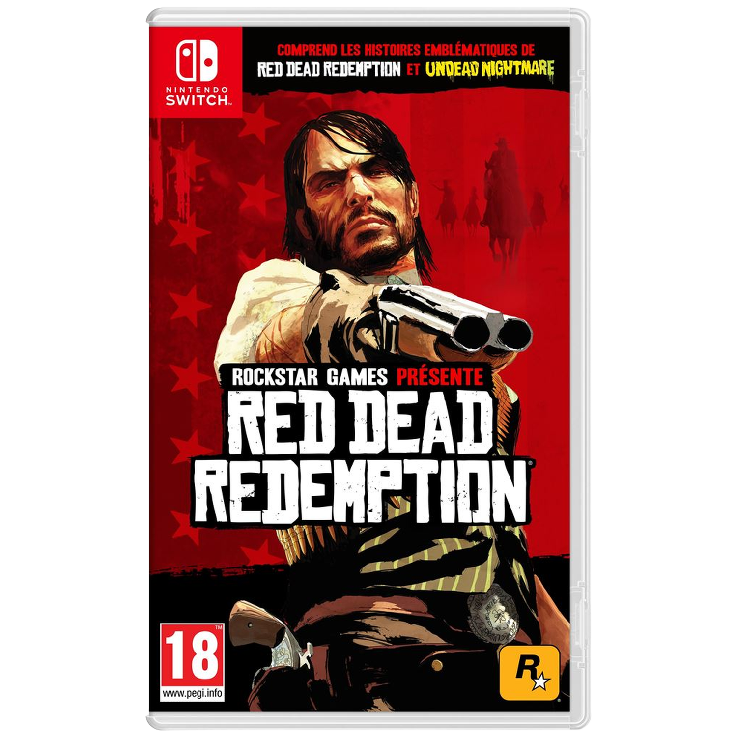 Boîtier de jeu Nintendo Switch : Red Dead Redemption avec homme et pistolet.