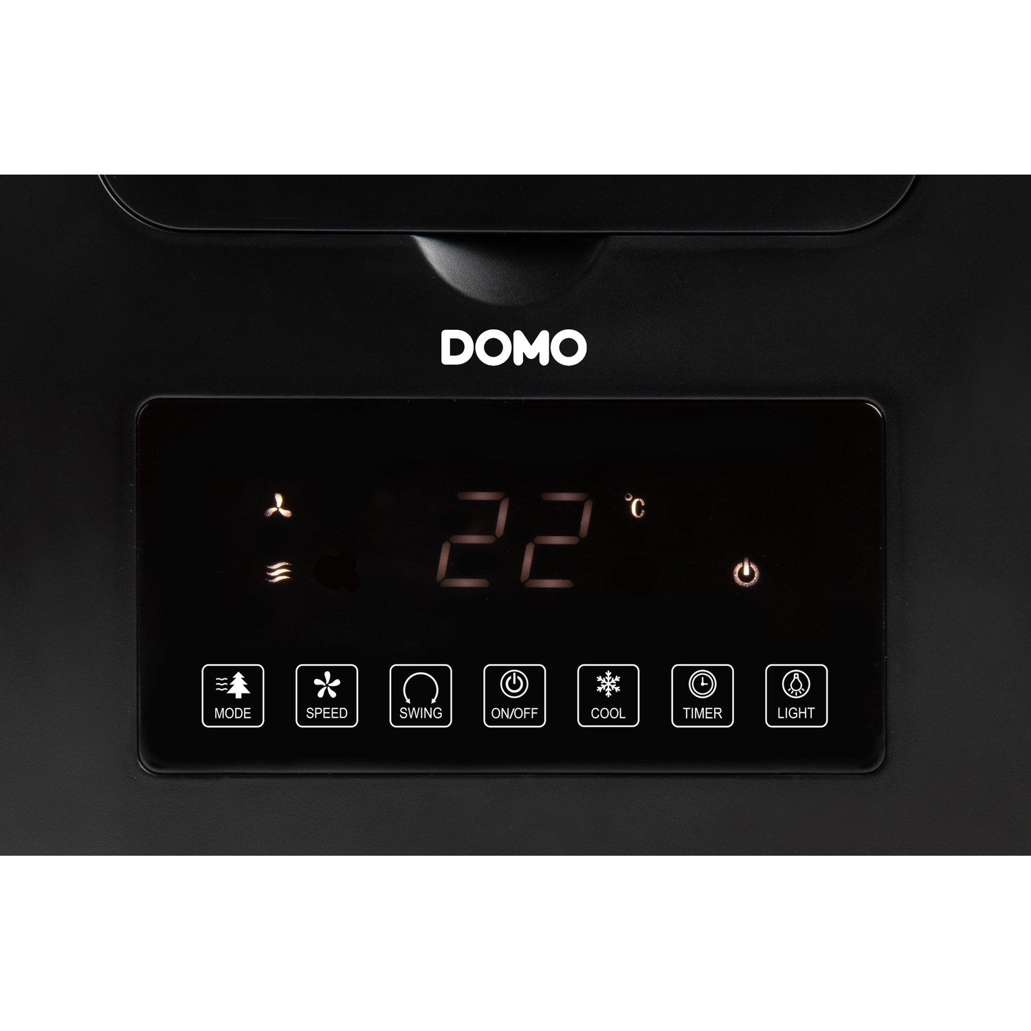 Bedieningspaneel airconditioner met temperatuur 22°C en iconen.