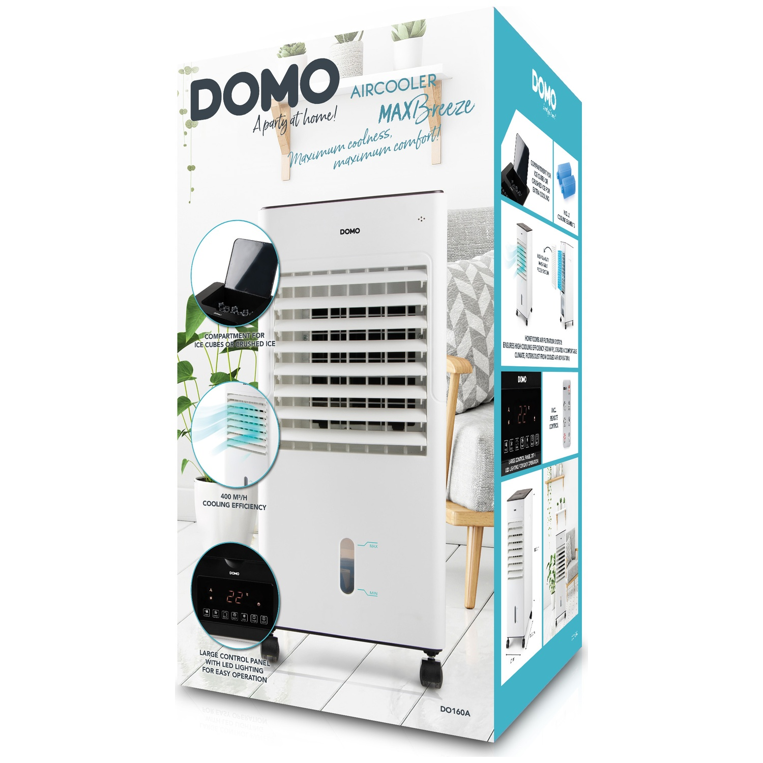 Een witte DOMO aircooler met ijsvak, LED-display en wielen.