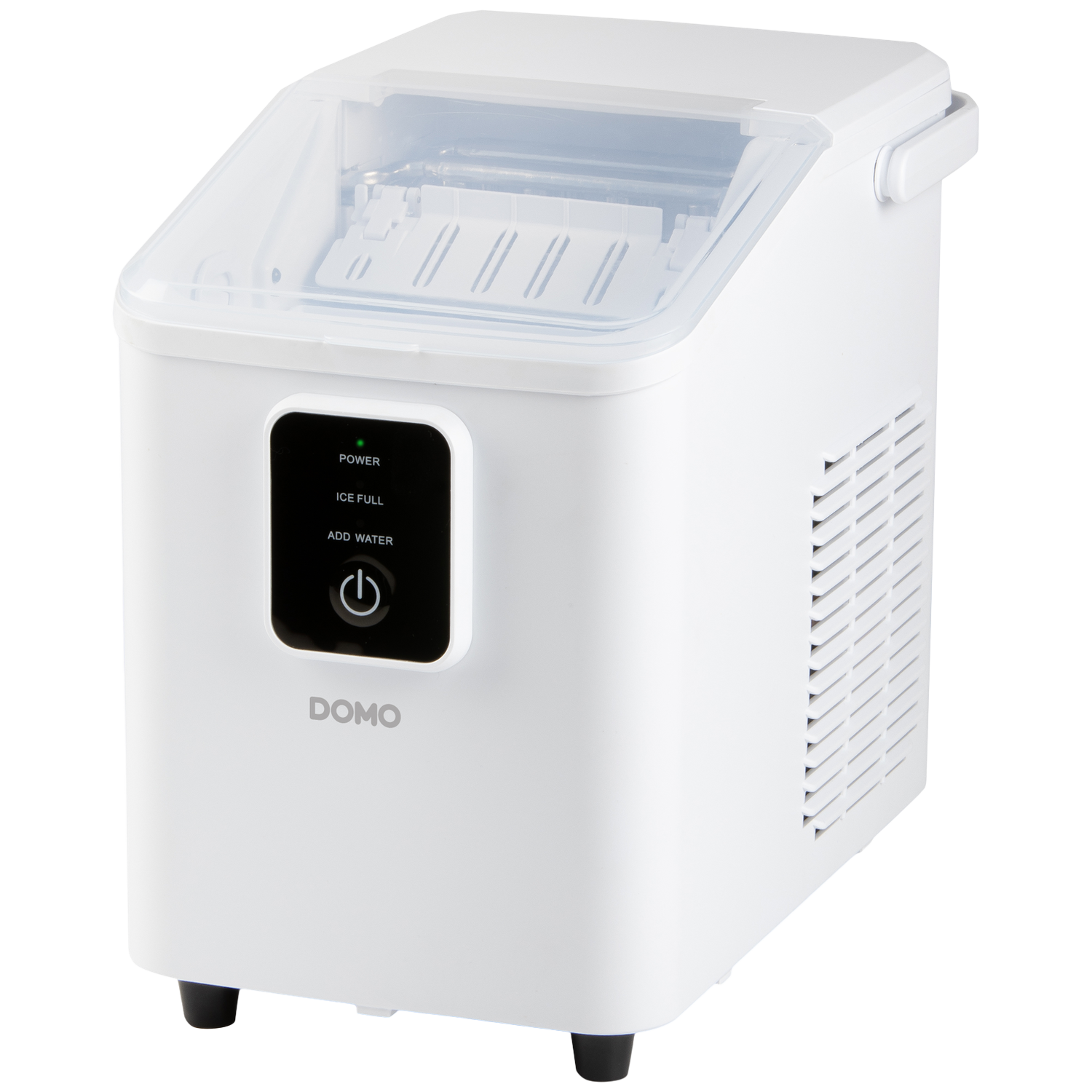 Une machine à glaçons blanche avec couvercle transparent et panneau de contrôle.