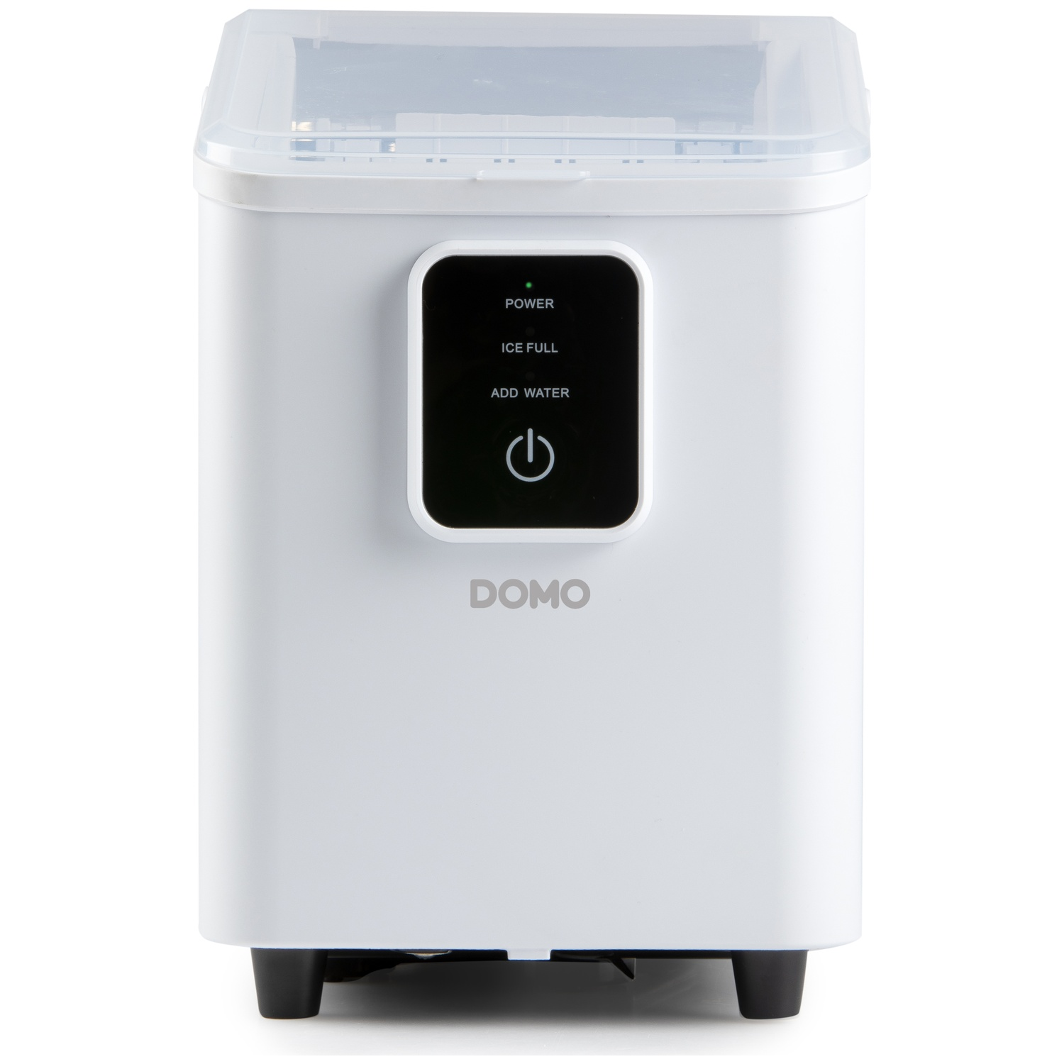 Une machine à glaçons blanche avec couvercle transparent et panneau de commande.