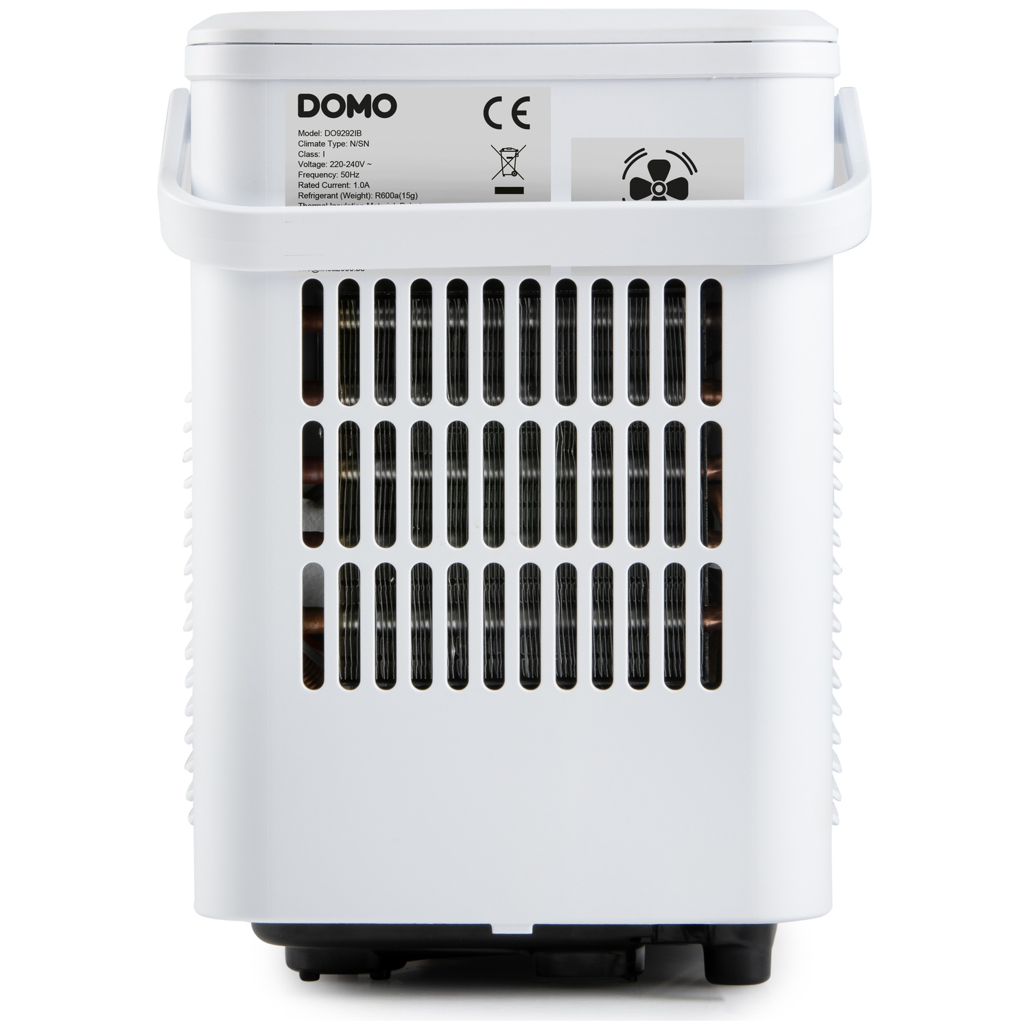 Arrière d'un appareil blanc DOMO avec fentes de ventilation et informations produit.