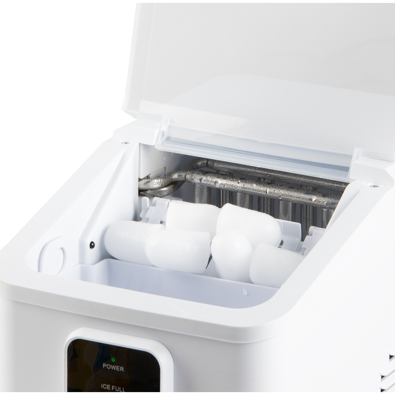 Une machine à glaçons blanche avec son couvercle ouvert, montrant des glaçons.