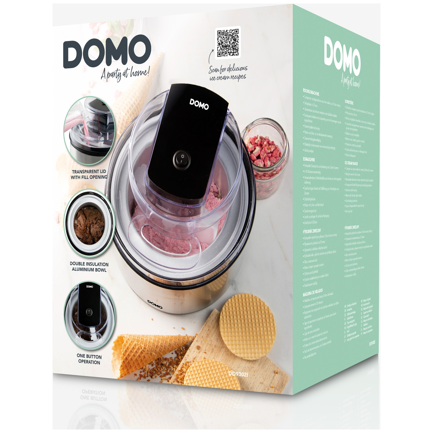 Domo ijmachine met transparant deksel en ijshoorntjes.