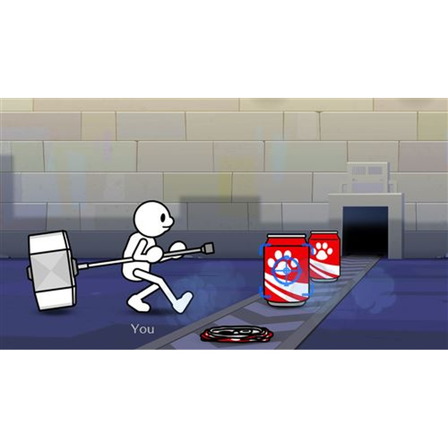 A stick figure with a hammer on a conveyor belt. Two red cans with a paw print.