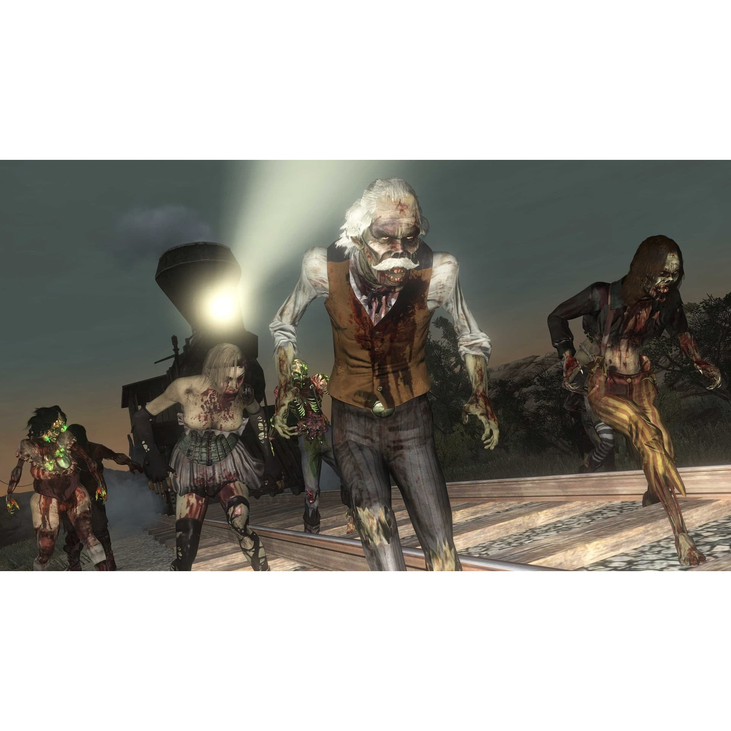 Des zombies sur des voies ferrées avec un train éclairé en arrière-plan.