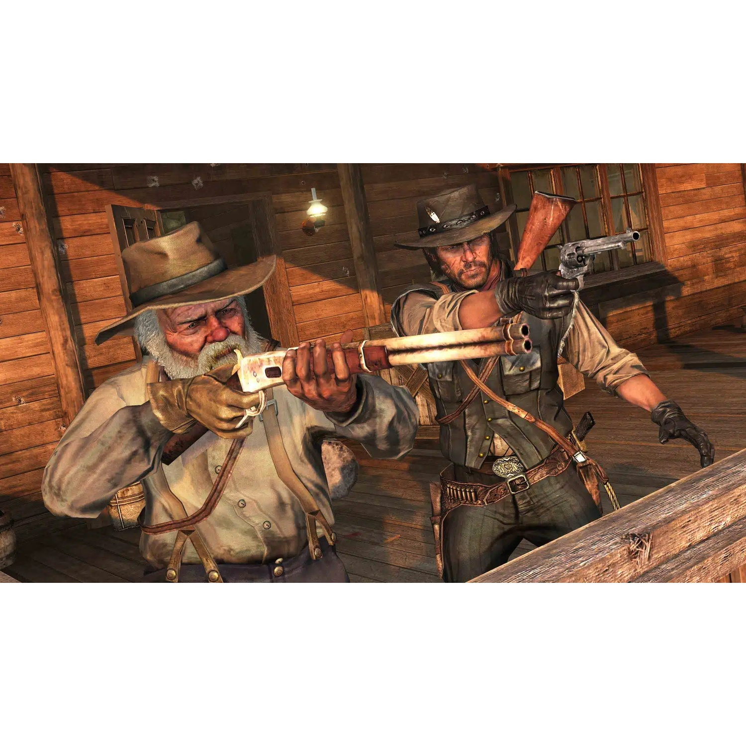 Deux hommes dans le Far West portant des chapeaux et des armes dans des bâtiments en bois.