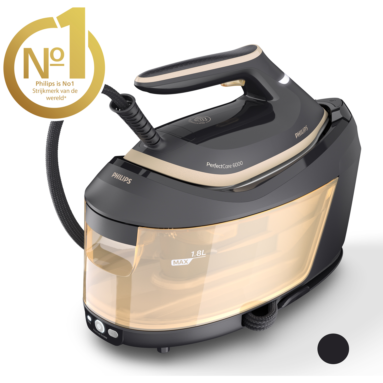 Een zwarte Philips PerfectCare 6000 stoomstrijkijzer met 1,8L waterreservoir en nr.1-zegel.