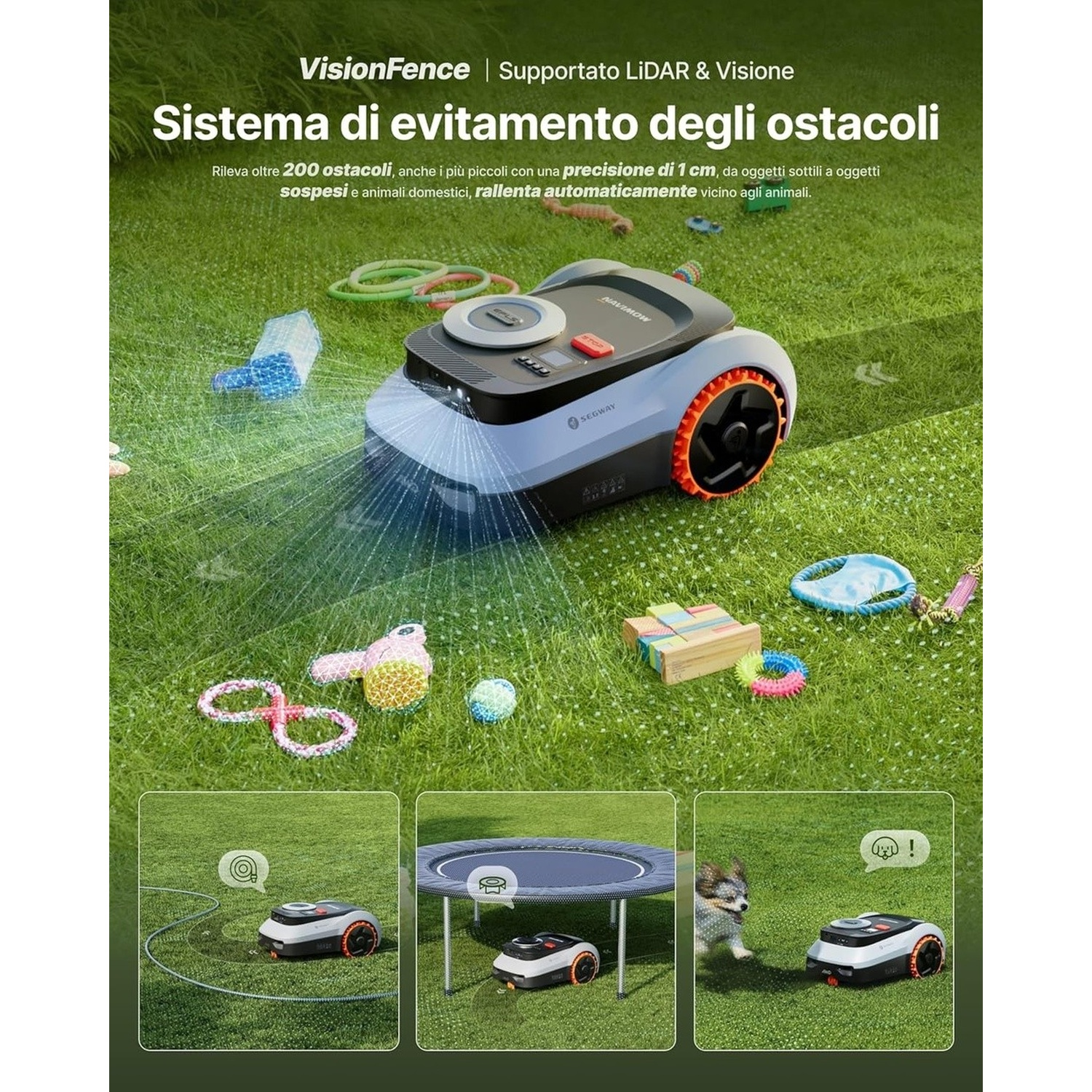 Un robot tosaerba con rilevamento ostacoli su un prato con giocattoli.
