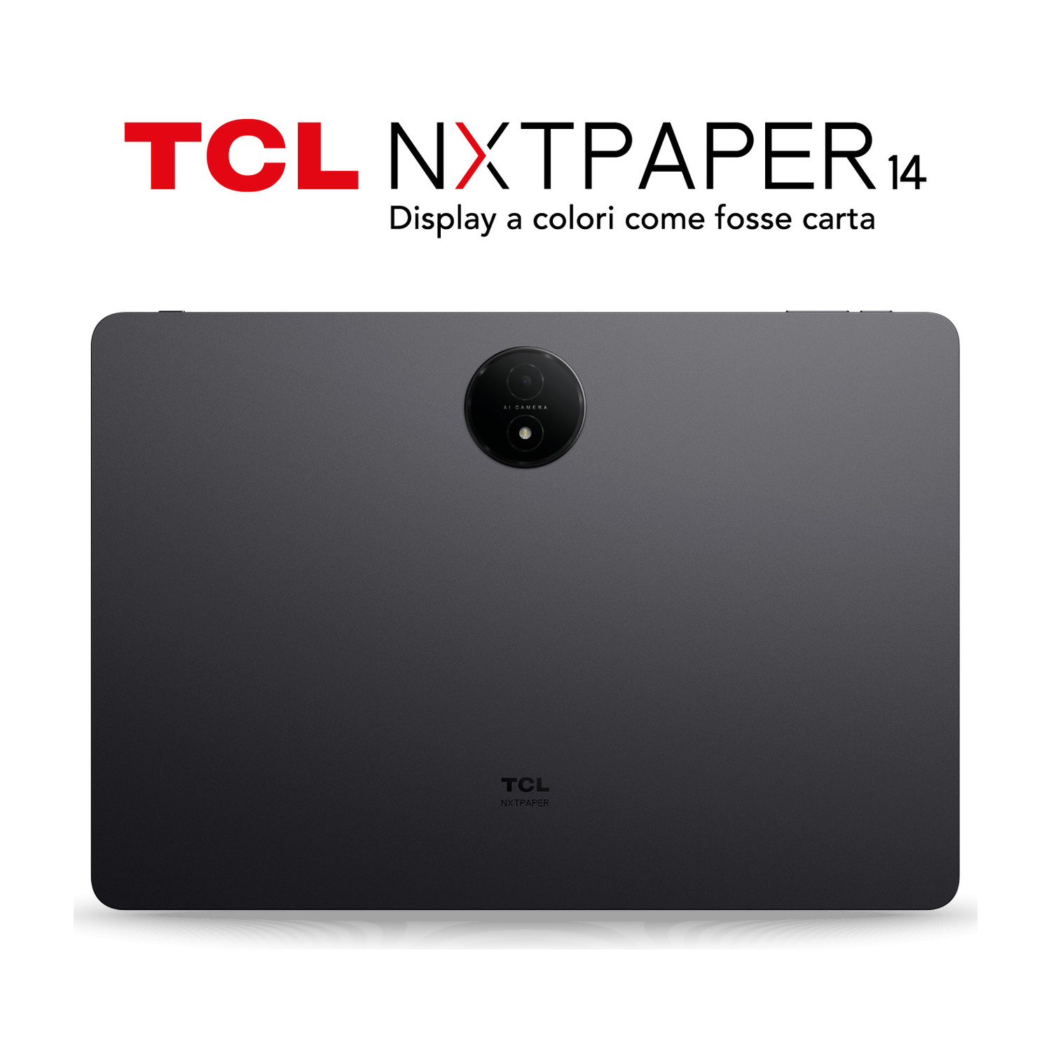 Tablet grigio con logo TCL NXTPAPER 14 e fotocamera posteriore.