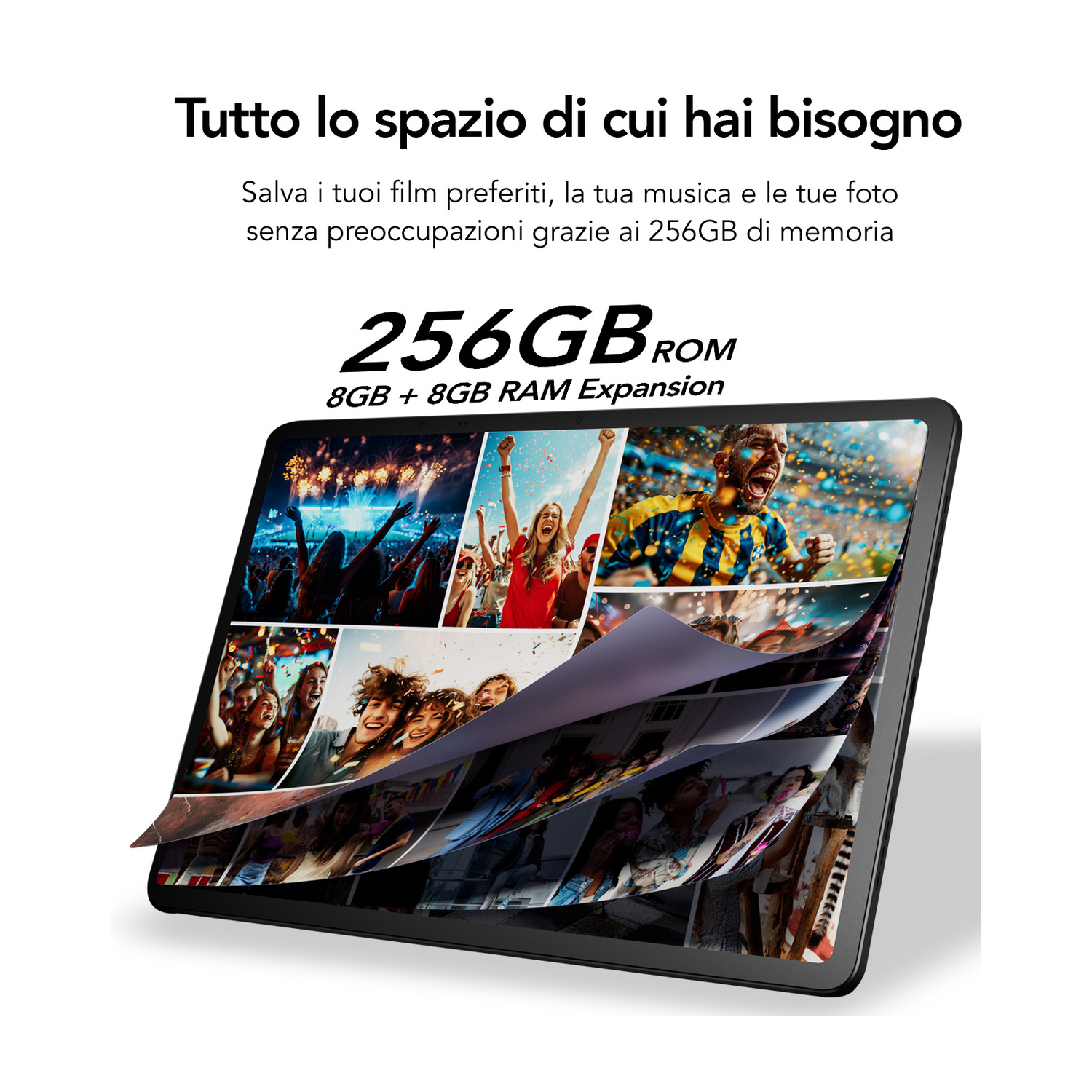 Un tablet che mostra molte foto di concerti e persone.