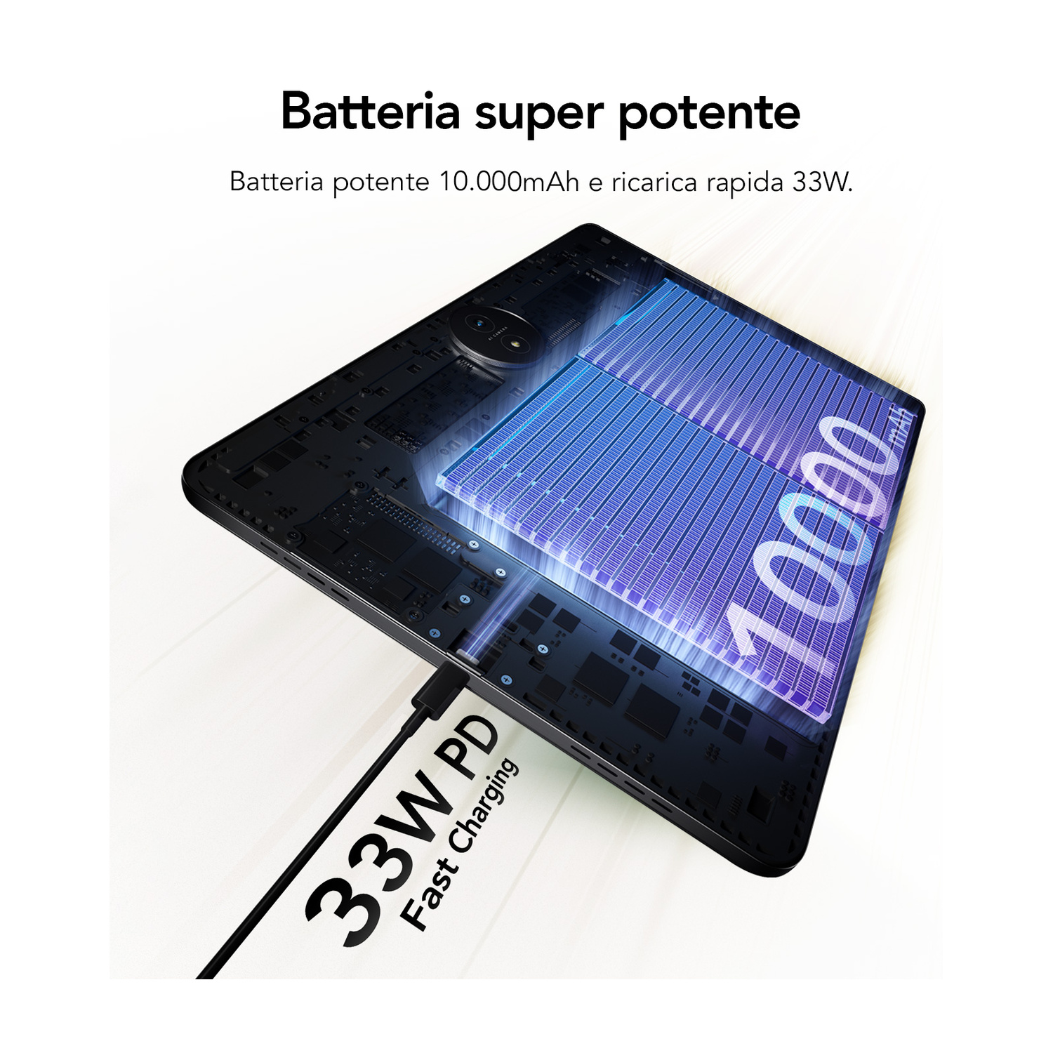 Uno smartphone mostra la batteria da 10.000 mAh e la ricarica rapida da 33W.
