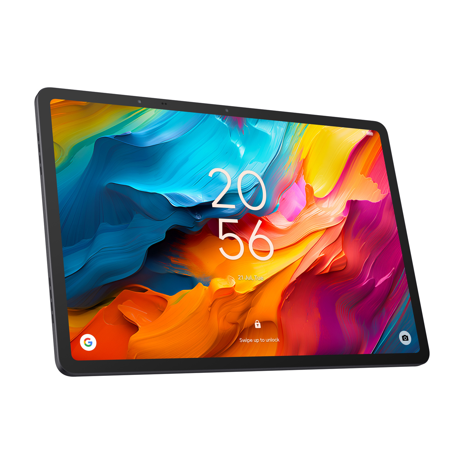 Un tablet con uno sfondo colorato che mostra l'ora 20:56.