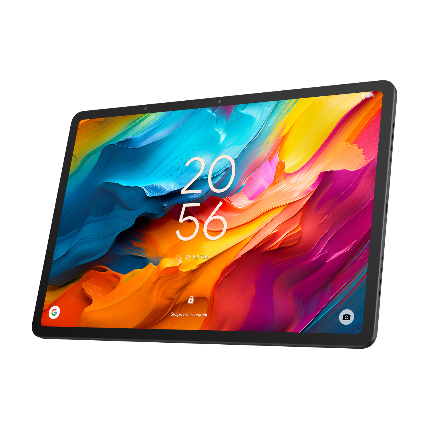 Un tablet con uno sfondo colorato che mostra l'ora 20:56.