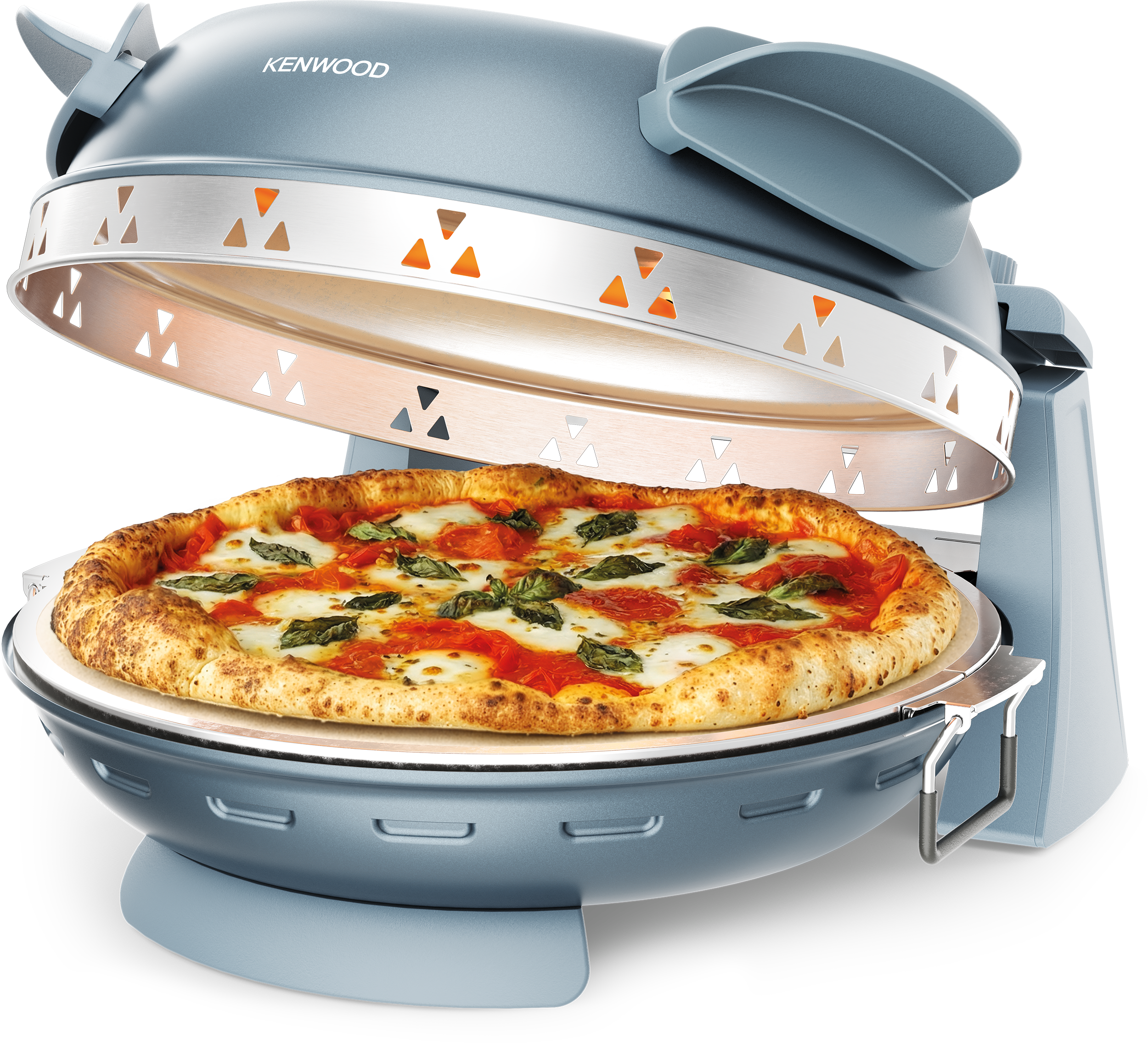 Egy Kenwood pizza sütő frissen sült Margherita pizzával.