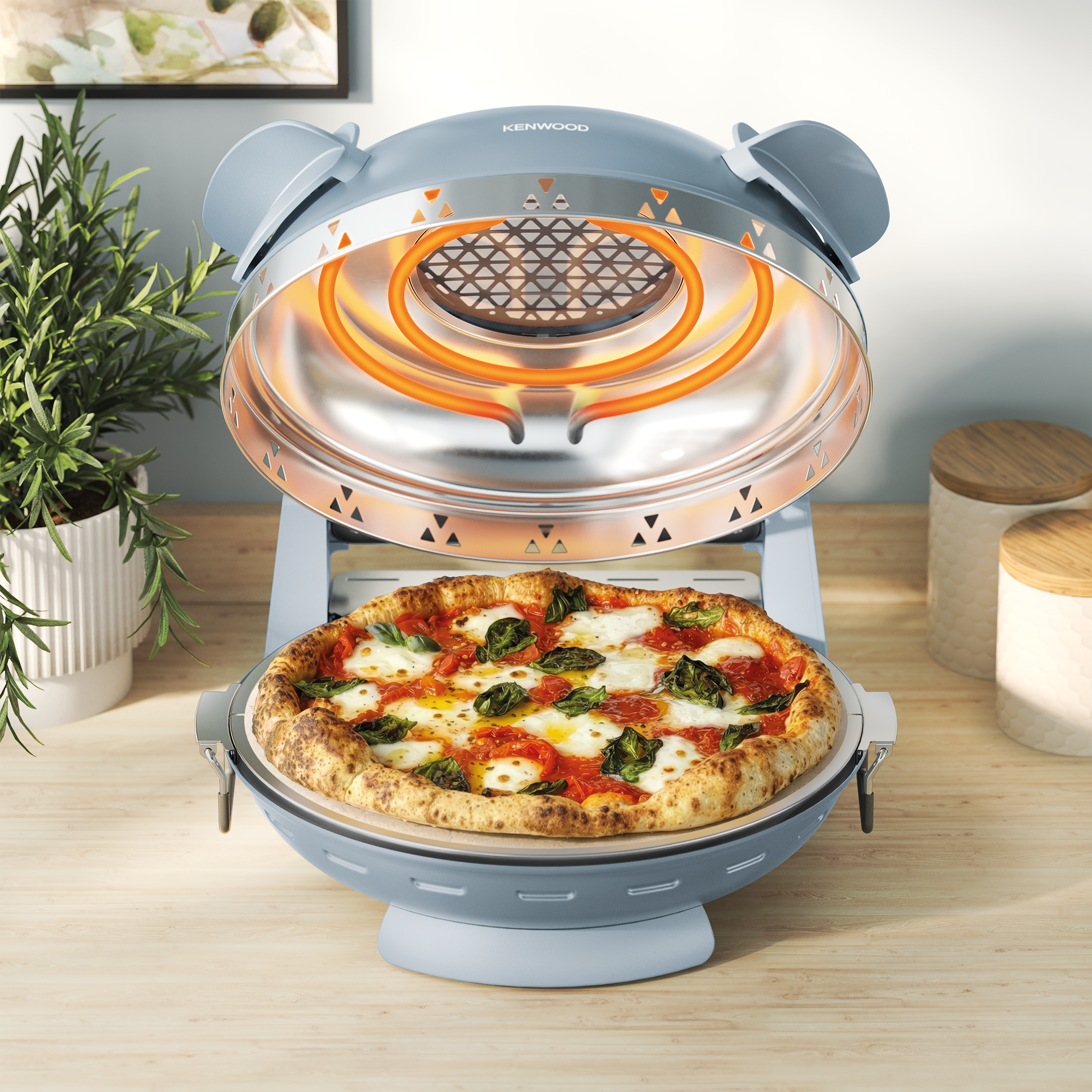 Egy kerek Margherita pizza fő egy kék pizza sütőben, fűtőszálakkal.
