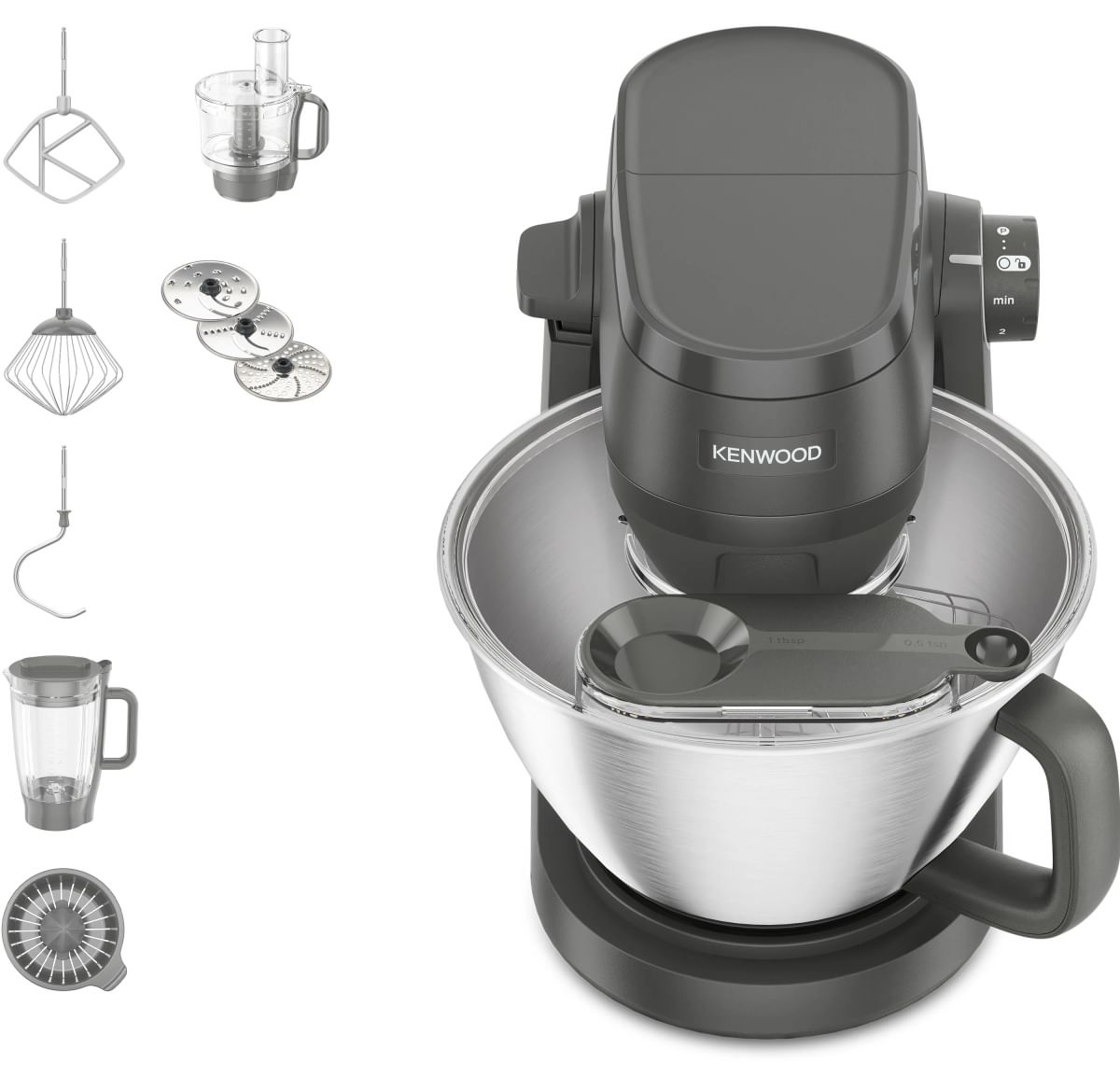 Szürke Kenwood robotgép tálal, habverővel, dagasztókarral, keverőszárral, turmixgéppel, tárcsákkal és gyümölcscentrifuga.