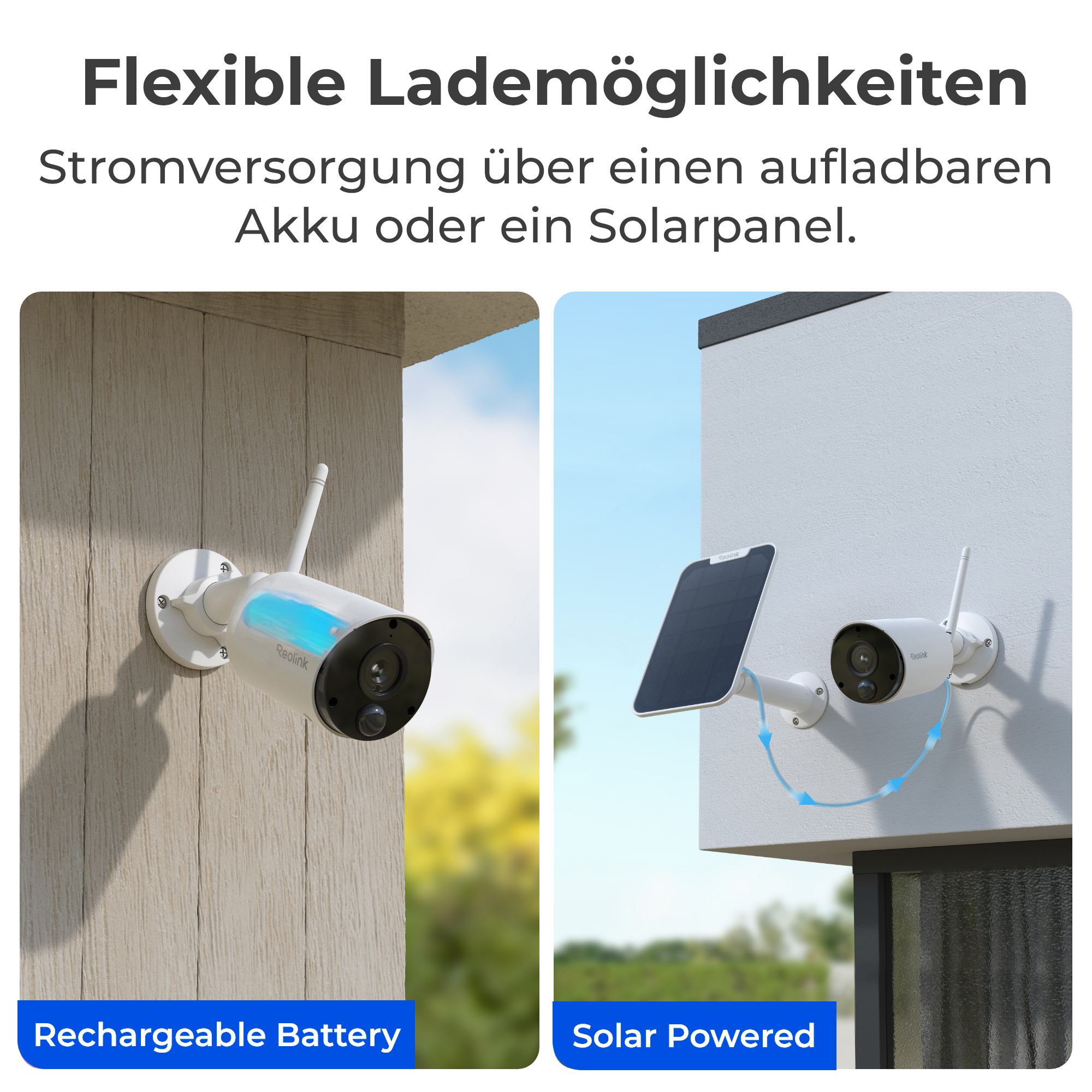 Zwei Sicherheitskameras: Eine mit Akku, eine mit Solarpanel.