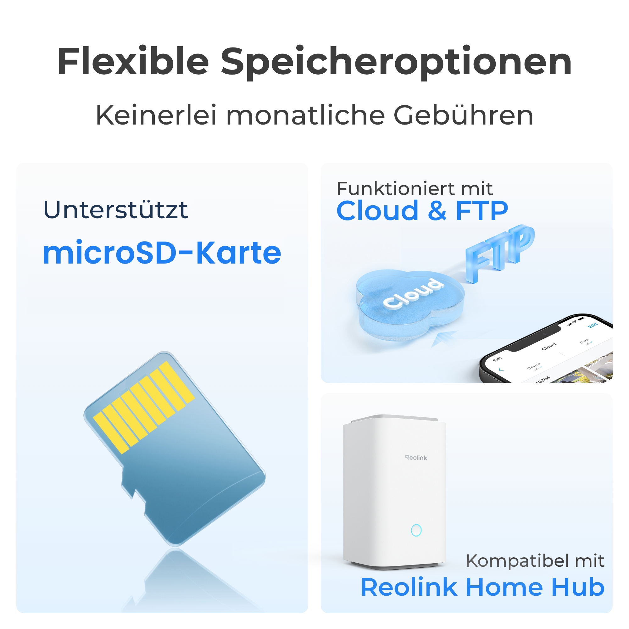 Flexib. Speicher: microSD, Cloud, FTP. Reolink Home Hub kompatibel.