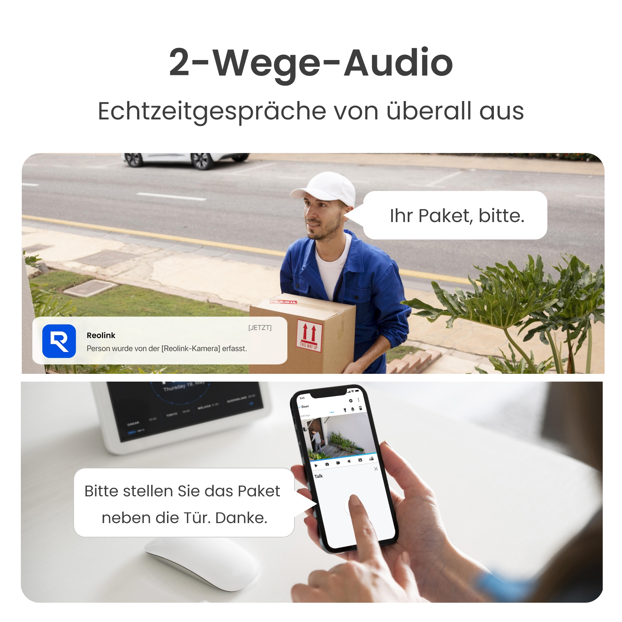 Lieferant übergibt Paket, zeigt Smart-Home-App mit Türkamera-Ansicht.