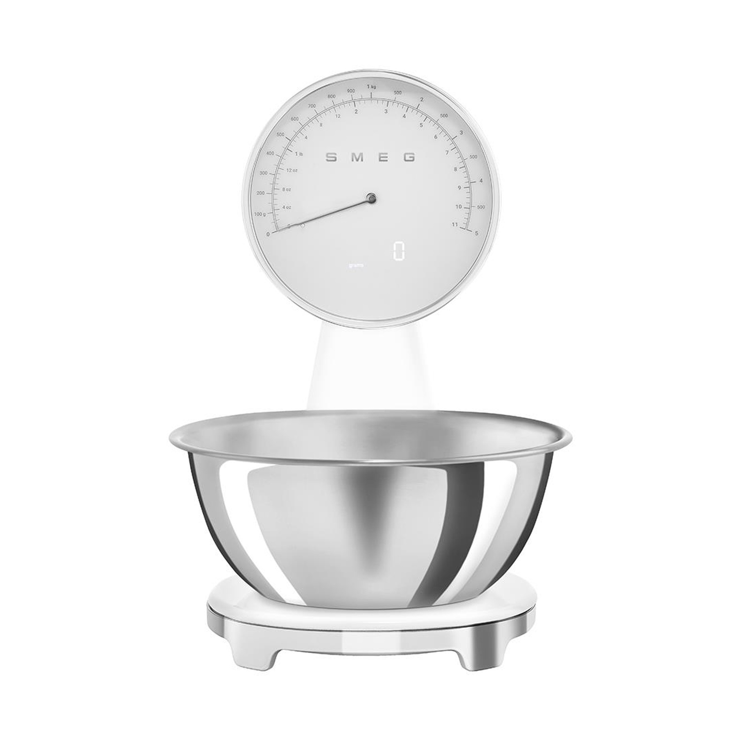 Una bilancia da cucina SMEG bianca con una ciotola argentata. La bilancia ha un quadrante circolare e un display digitale.