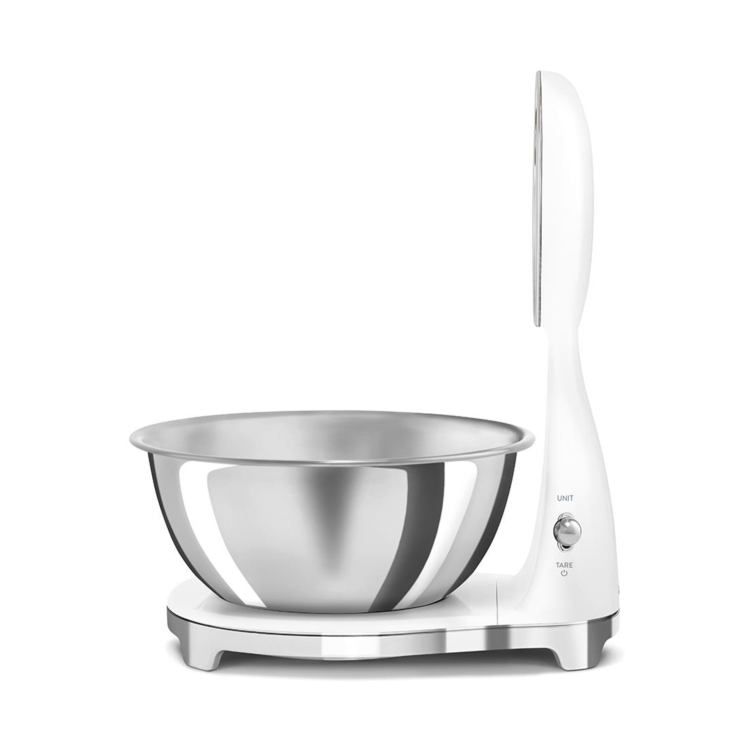 Una bilancia da cucina bianca con ciotola in acciaio inossidabile e pulsanti argentati.