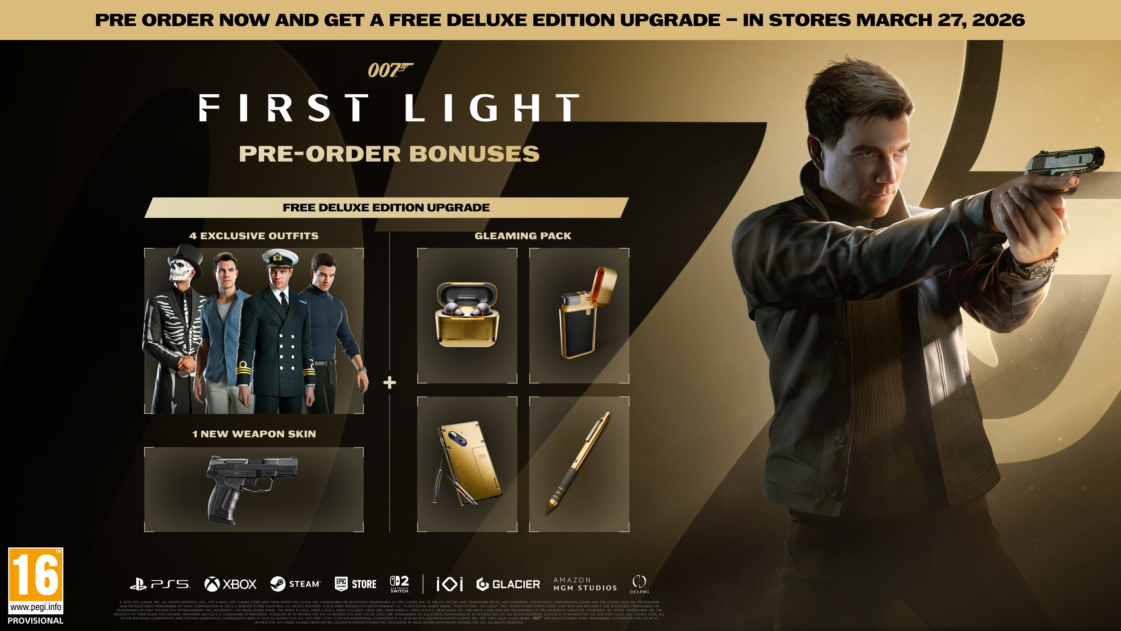007 First Light: Homme avec pistolet, tenues, écouteurs, briquet, stylo, pistolet.