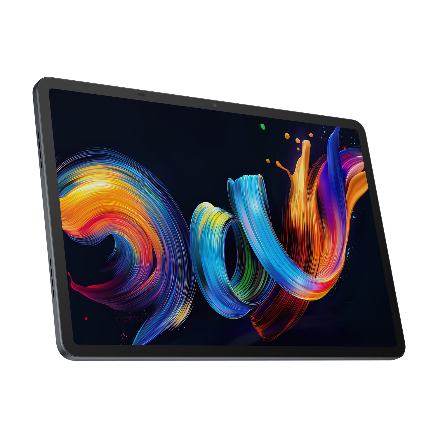 Un tablet scuro con uno sfondo vivace di schizzi di vernice.