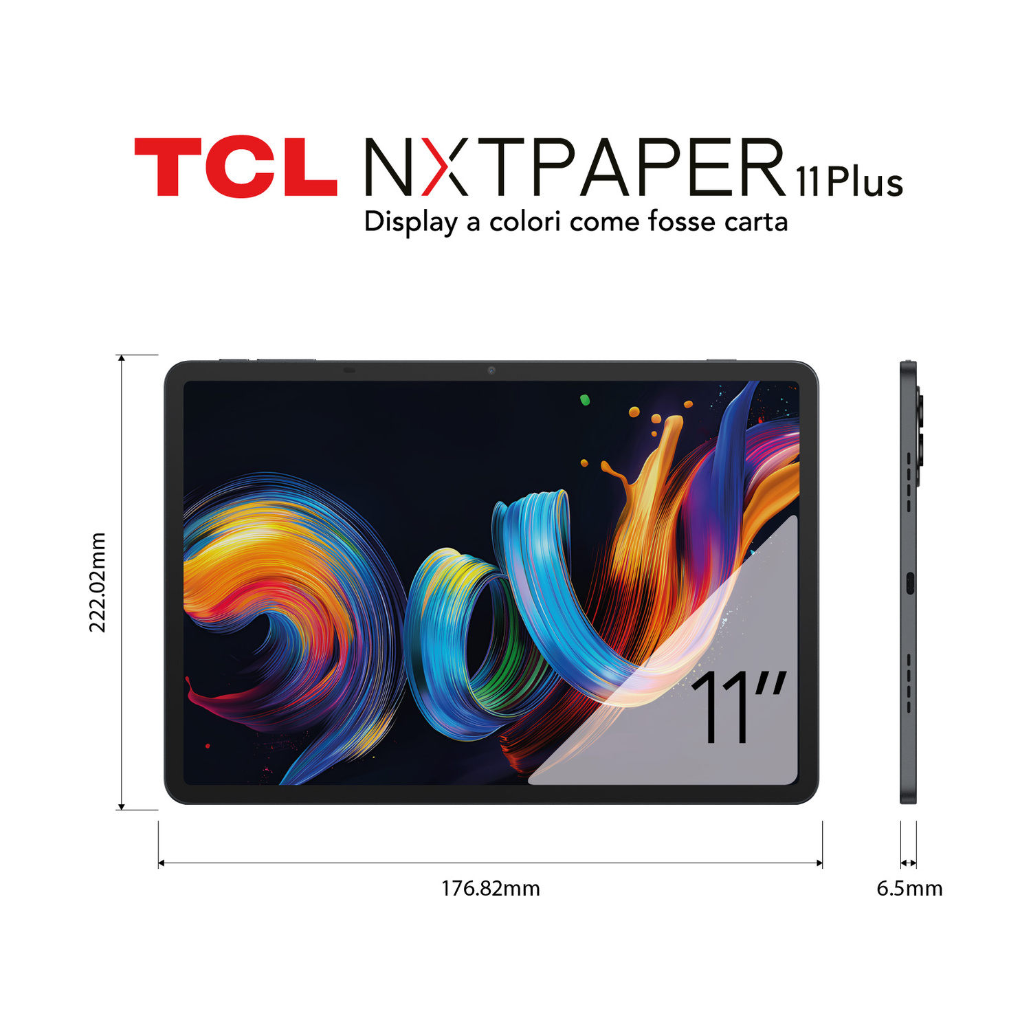 Tablet TCL NXTPAPER 11 Plus con display colorato e dimensioni.