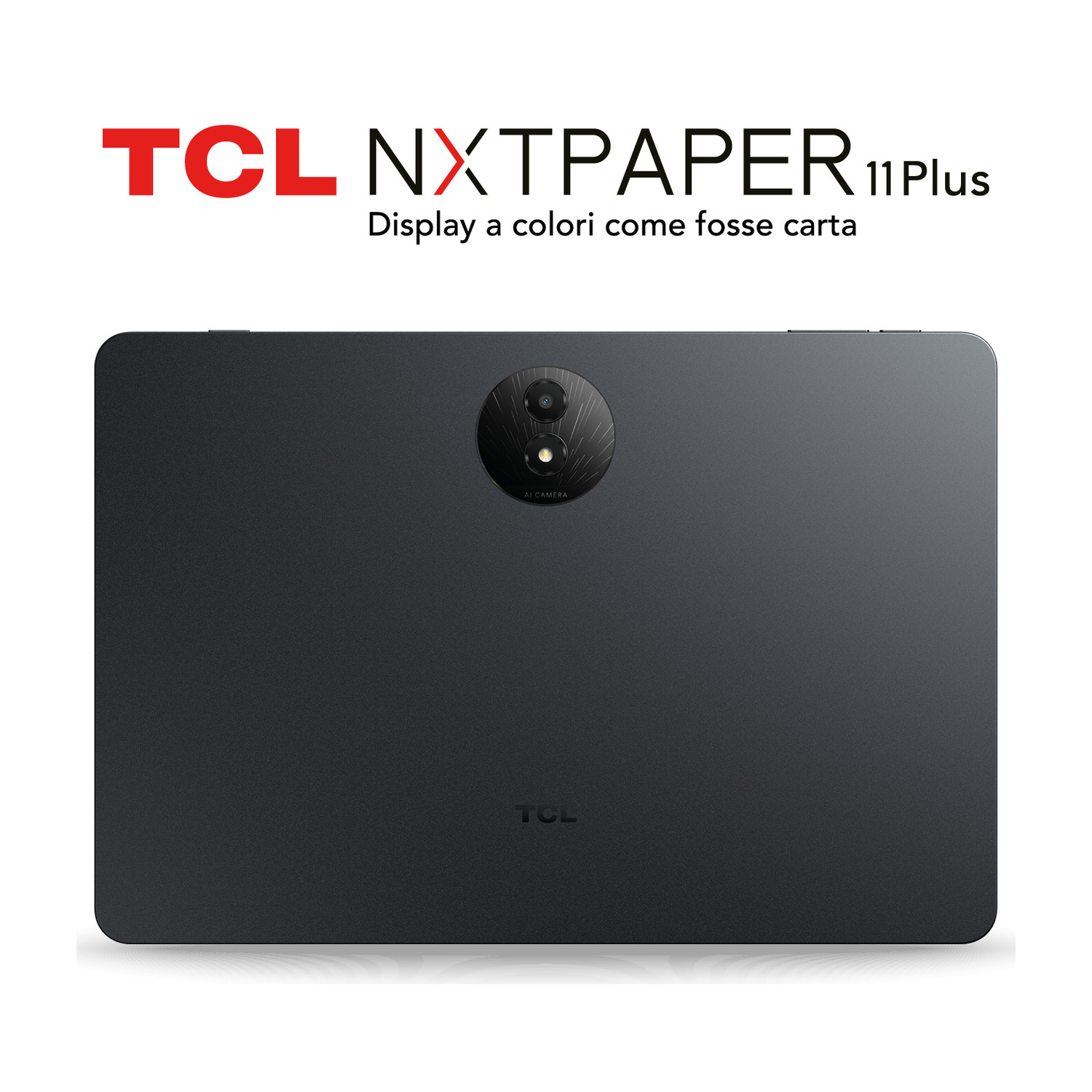 Vista posteriore di un tablet TCL NXTPAPER 11 Plus scuro con sistema di fotocamere.