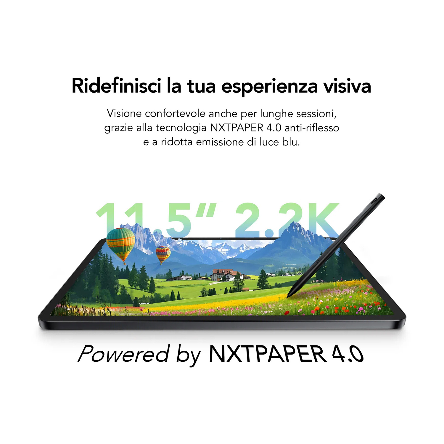 Un tablet da 11,5 pollici 2,2K mostra un paesaggio con mongolfiere.