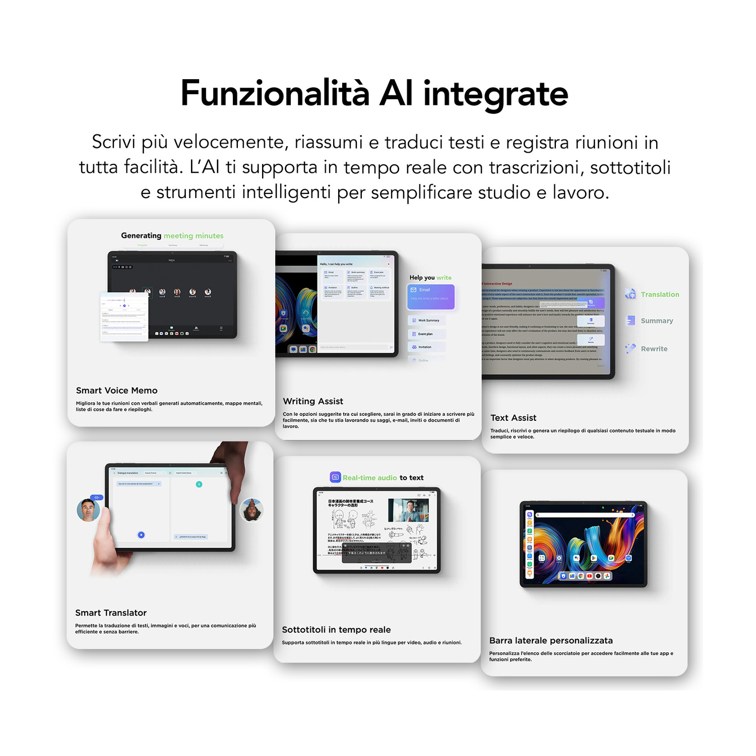 Più tablet mostrano funzioni AI come trascrizione, traduzione e riassunto testo.