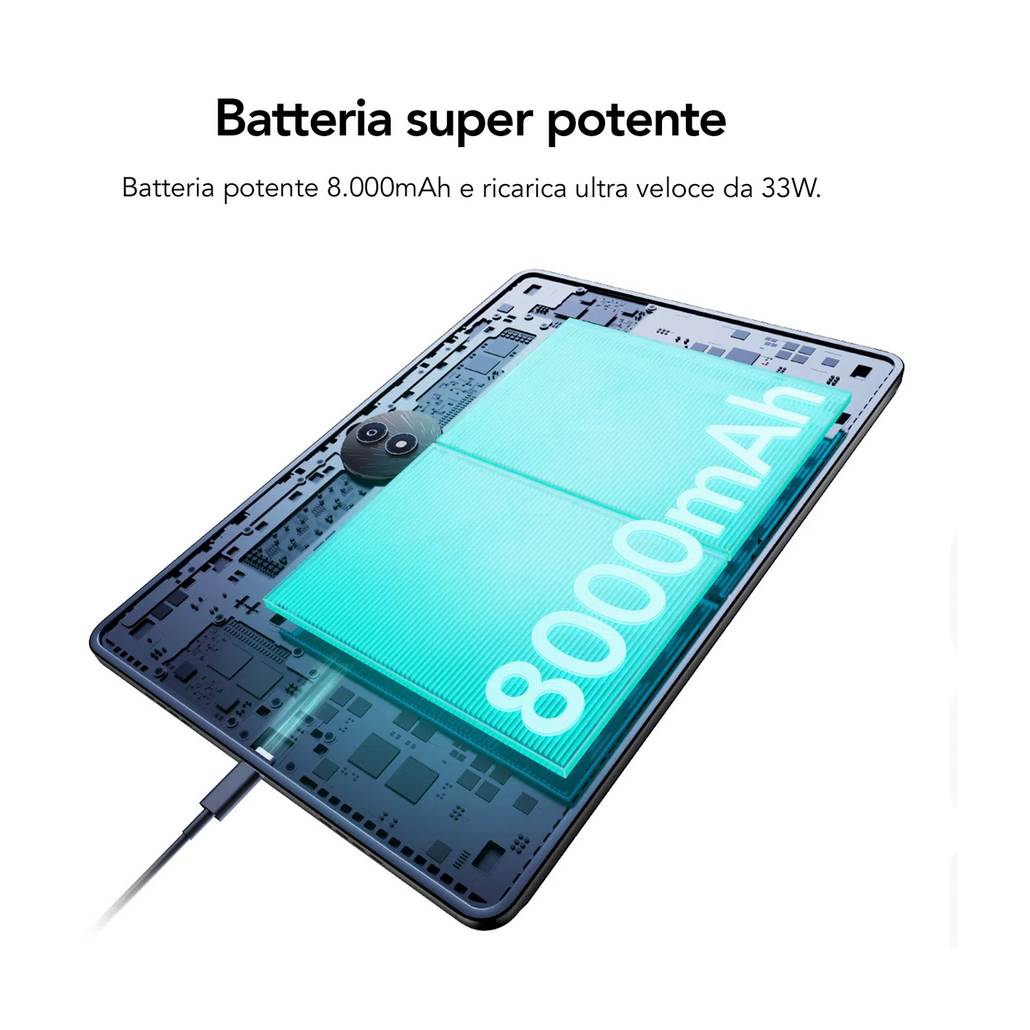 Uno smartphone con batteria da 8000mAh e cavo di ricarica.