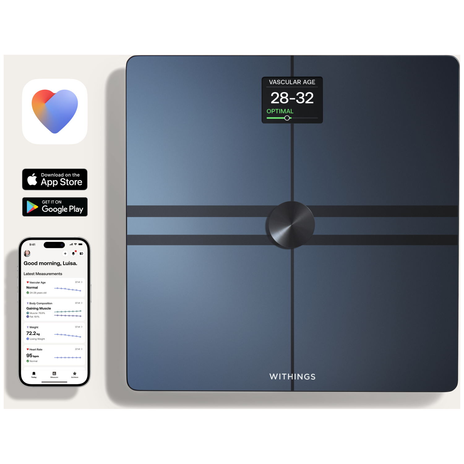 Een weegschaal toont "Vascular Age 28-32 OPTIMAL". Naast een smartphone met gezondheidsapp.