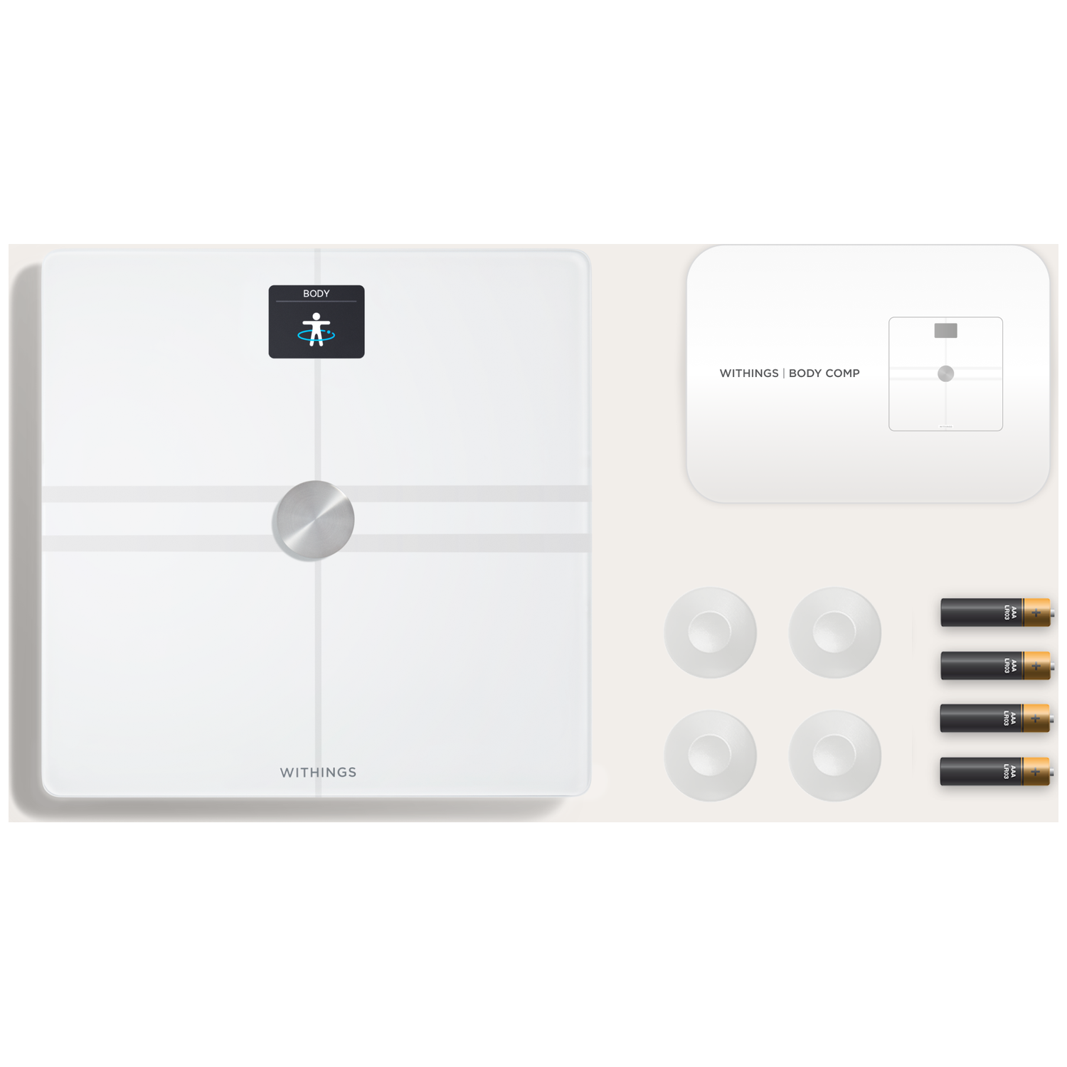 Witte digitale weegschaal met vier AAA-batterijen en vier voetjes.
