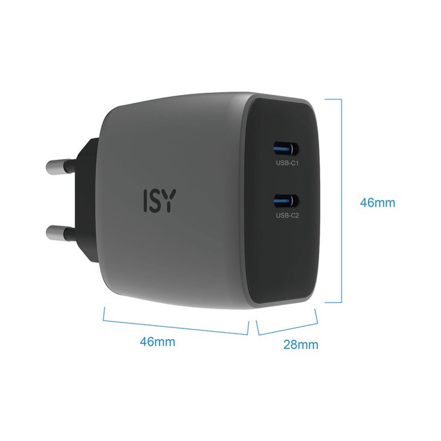 Adattatore di corrente ISY grigio con due porte USB-C e dimensioni.