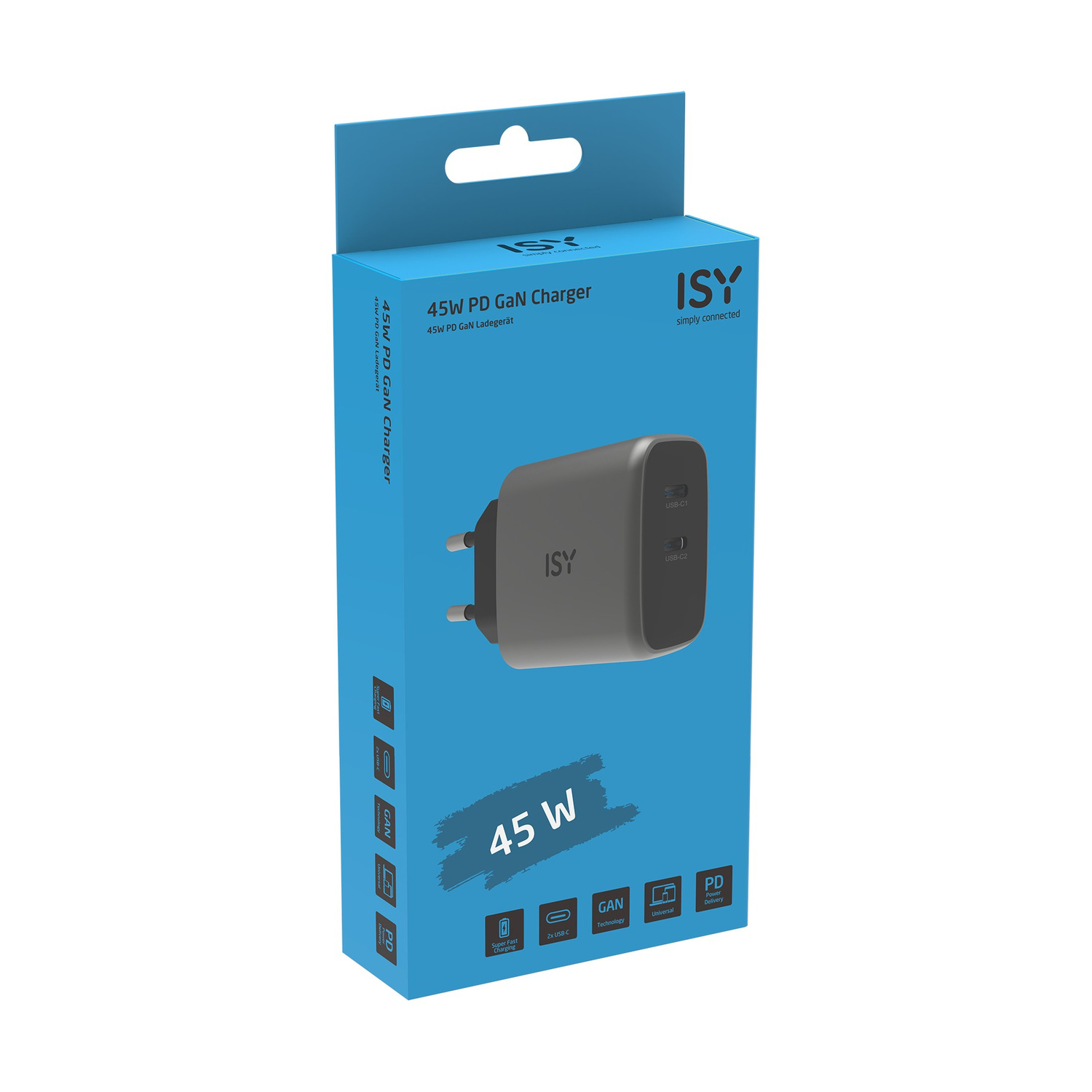 Caricatore ISY 45W PD GaN con due porte USB-C su scatola blu.